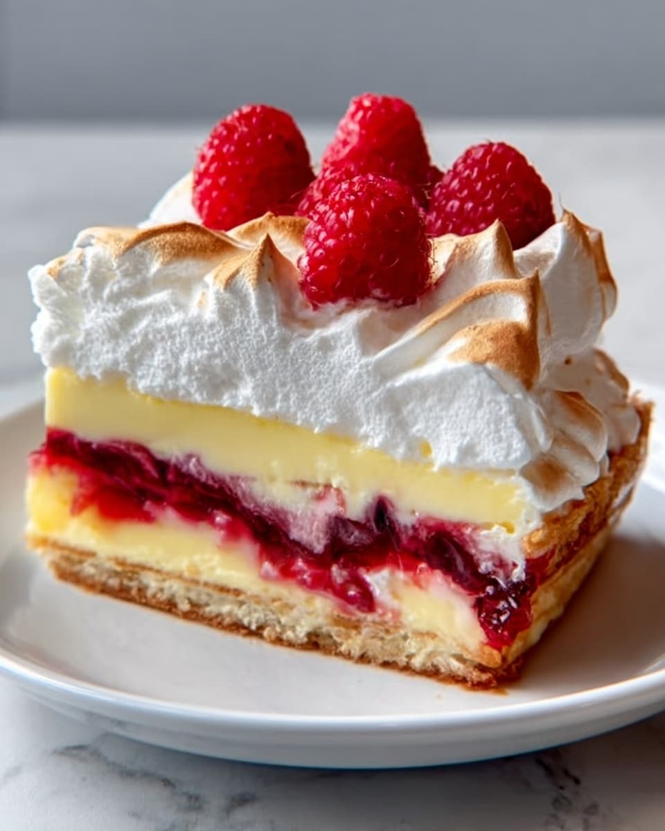 A slice of layered dessert on a white plate is shown, featuring a golden-brown base crust, a thick creamy yellow layer above it, followed by a layer of red berries mixed in a light jelly, topped with a fluffy white meringue that is lightly toasted on the peaks. On top of the meringue, bright red raspberries are placed as decoration. The texture of the layers includes a firm crust, smooth cream, juicy berries, and soft, airy meringue, all stacked neatly. The background is a white marbled surface. Photo taken with an iphone --ar 4:5 --v 7