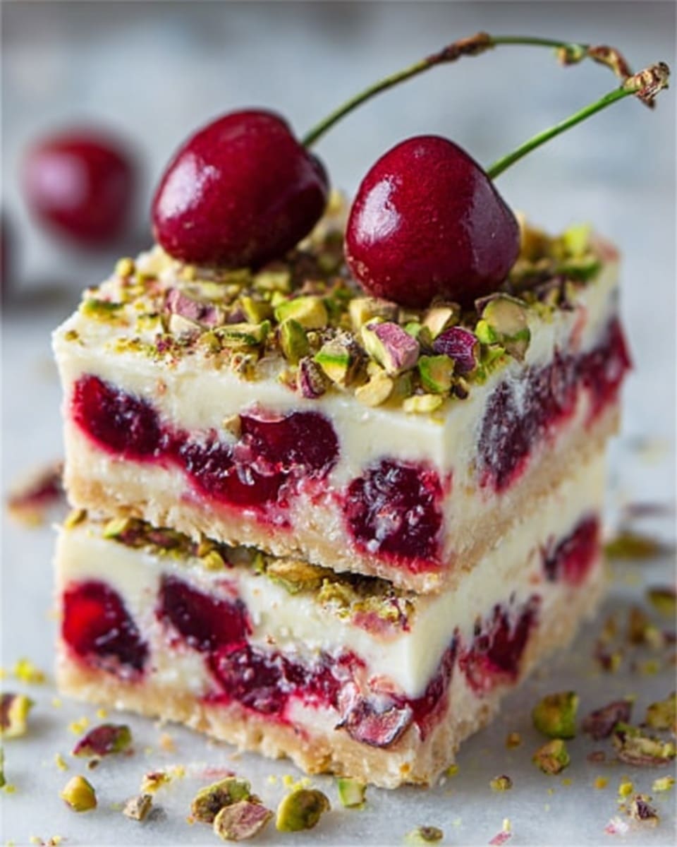 The image shows two square pieces of a layered dessert stacked one on top of the other, placed on a white marbled surface. Each piece has three distinct layers: the bottom layer is creamy and light beige, smooth in texture; the middle layer is a bright, glossy red cherry filling with whole cherries visible; the top layer is thick, white, and creamy, sprinkled with chopped green pistachios and small golden brown crumble bits. Two dark red cherries with stems sit on top of the top piece. The light highlights the glossy cherries and textured topping, giving a fresh and appetizing look. Photo taken with an iphone --ar 4:5 --v 7