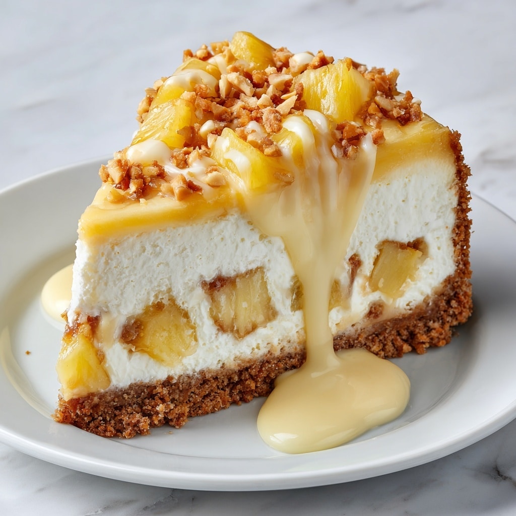 A close-up slice of creamy cheesecake with three distinct layers sits on a white plate on a white marbled surface; the bottom layer is a crumbly, golden-brown crust, followed by a thick, pale yellow and smooth creamy middle layer filled with chunks of light yellow pineapple, and the top layer features fluffy, piped cream dollops drizzled with a glossy, thick caramel sauce oozing slightly down the sides, sprinkled with chopped nuts in golden brown tones. Photo taken with an iphone --ar 4:5 --v 7