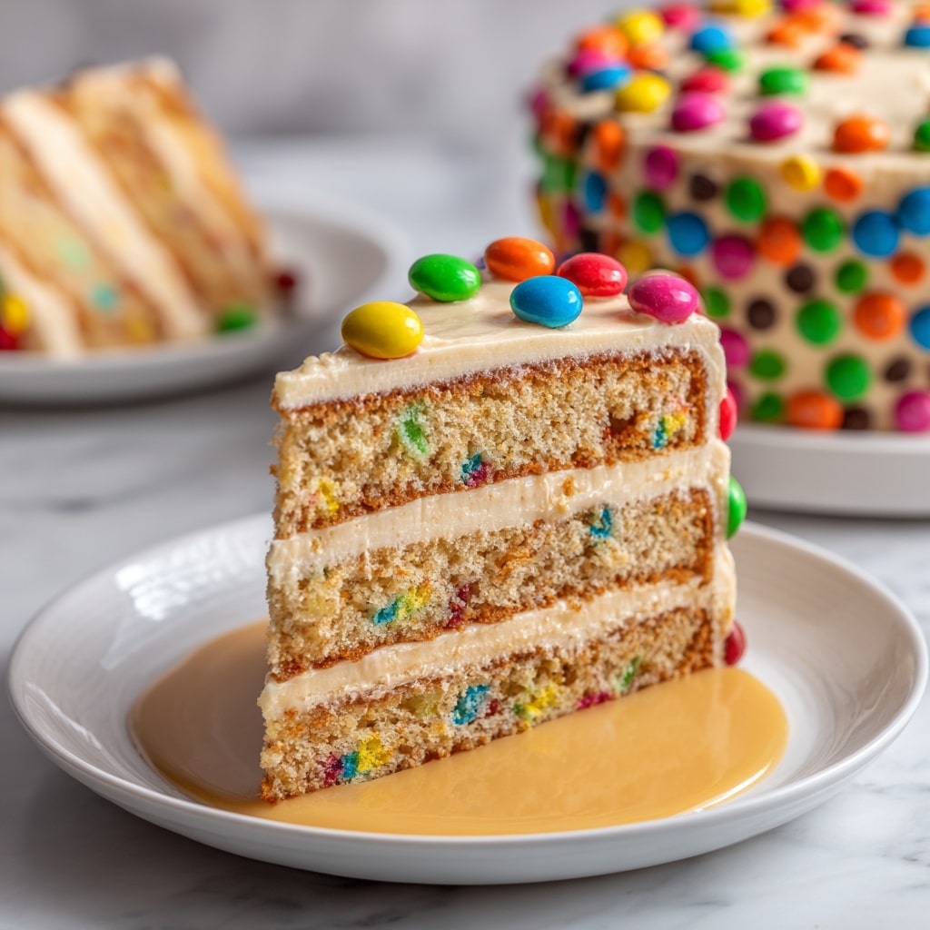 The image shows a slice of layered cake on a white plate with a white marbled surface beneath. The cake has three layers: light brown cake layers with small colorful candy pieces inside, two thicker light brown frosting layers between the cake layers, and an outer frosting layer with a smooth texture covering the whole slice. The edges of the cake and slice are decorated with colorful candy pieces sticking out, mostly round and shiny in vibrant colors like red, green, blue, and yellow. In the background, the rest of the cake is visible, with a large missing slice, and it is also covered in the same smooth frosting and candy decoration. Photo taken with an iphone --ar 4:5 --v 7