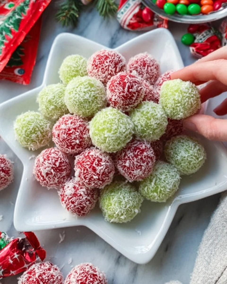 The image shows a white star-shaped plate filled with small round balls covered in bright red and light green coatings, both sprinkled with white coconut flakes. The red balls have a smooth, slightly shiny texture under the coconut flakes, while the green balls appear soft and matte. The plate is on a white marbled surface with blurred candy packages and a woman's hand in the background. The photo has a cozy, festive feel with close-up detail on the festive balls. photo taken with an iphone --ar 4:5 --v 7