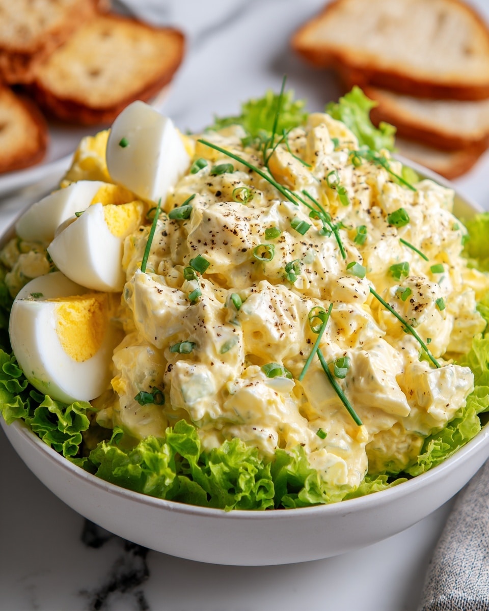 A white bowl filled with a creamy, chunky egg salad that is pale yellow with visible bits of white from chopped egg whites, mixed with mayonnaise or dressing. Around the edge of the bowl, there are bright green lettuce leaves acting as a bed for the salad. On top of the salad, there are a few sliced hard-boiled eggs showing white and yellow yolks. Small green chive pieces are sprinkled across the salad along with a light dusting of ground black pepper. The bowl sits on a white marbled surface with some toasted white bread slices blurred in the background. photo taken with an iphone --ar 4:5 --v 7