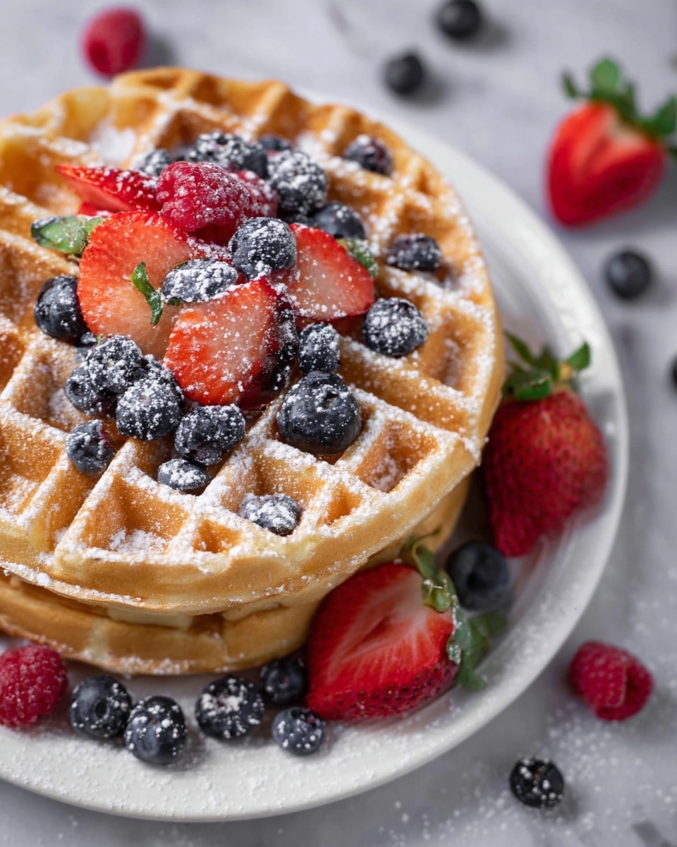 The image shows a stack of two golden brown waffles on a white plate, placed on a white marbled surface. The waffles have a classic grid pattern and are topped with fresh berries: whole blueberries scattered in the waffle pockets and around the plate, along with halved strawberries showing their red inside and green leaves, and whole raspberries. The top waffle is dusted lightly with white powdered sugar, giving a soft texture over the berries and waffle surface. Photo taken with an iphone --ar 4:5 --v 7