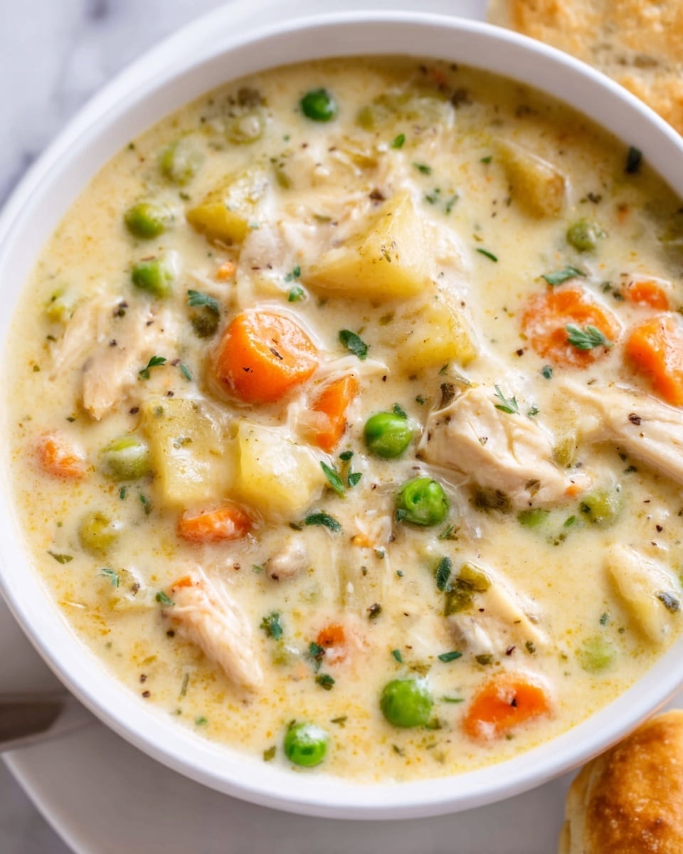 A bowl of creamy chicken soup filled with shredded white chicken pieces, bright orange carrot slices, green peas, and small bits of celery, all mixed in a thick, pale yellow broth with herbs sprinkled on top. The white bowl sits on a white marbled surface, and a biscuit is partially visible next to it. The soup looks warm and comforting, with a smooth texture and colorful vegetables evenly spread. Photo taken with an iphone --ar 4:5 --v 7
