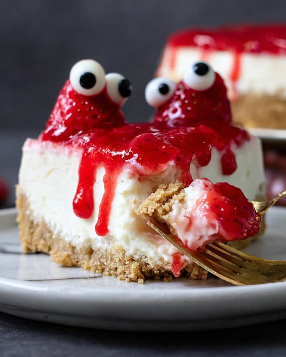 A round pie with three main layers is shown from above, placed on a white marbled surface. The bottom layer is a light beige crust with a slightly rough texture, holding the pie together. The middle layer is a smooth and creamy white filling, evenly spread above the crust. The top layer is a shiny, bright red cherry glaze with whole cherries embedded in it, giving a glossy and wet look. Scattered among the cherries are small white candy eyes with black pupils, adding a playful and spooky touch to the pie. The pie is in a silver metal pie pan, and there are orange mini pumpkins around the edges on the white marbled surface, creating a festive mood. Photo taken with an iphone --ar 4:5 --v 7