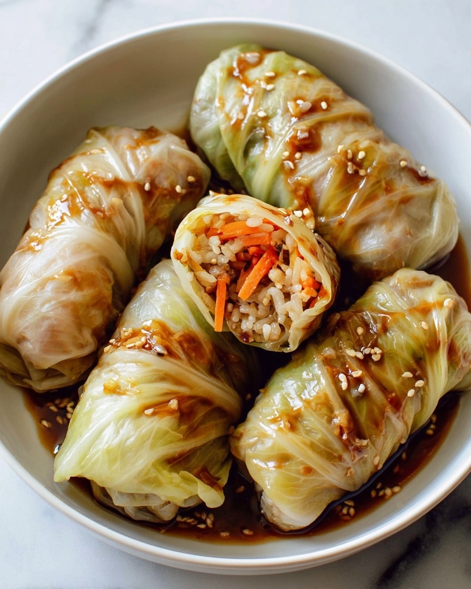 The image shows five cabbage rolls placed in a white bowl, resting on a white marbled surface. Each roll is wrapped in translucent, slightly browned cabbage leaves with visible veins and layers. The rolls have a glossy texture from a brown sauce lightly drizzled on top, with pieces of chopped garlic and sesame seeds scattered across them. One of the rolls is partially open, revealing a filling of cooked rice mixed with small orange carrot sticks and bits of mushrooms. The overall colors are soft greenish-white from the cabbage, light brown from the sauce, and vibrant orange from the carrots, creating a fresh and appetizing look. Photo taken with an iphone --ar 4:5 --v 7