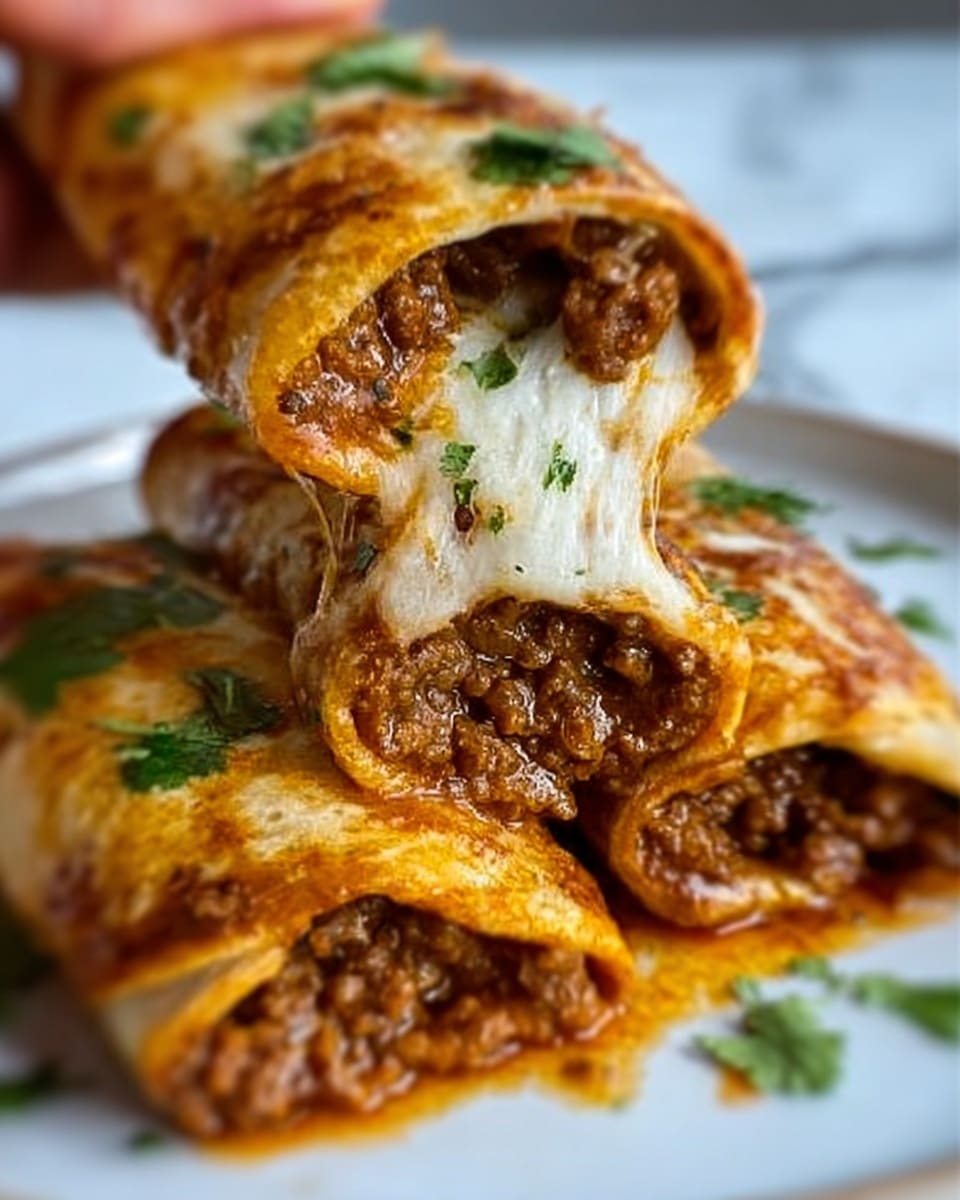 The image shows a close-up of three rolled burritos placed close together on a white plate. The burritos have a golden brown, slightly crispy outer layer with visible melted cheese oozing out from the center. Inside, there is a filling of cooked ground meat with a rich brown color and a juicy texture. Small green cilantro leaves are sprinkled on top and around the plate for garnish. A woman's hand is holding one burrito from the top, pulling it slightly to reveal the stretchy melted cheese inside. The background is a white marbled texture. Photo taken with an iphone --ar 4:5 --v 7