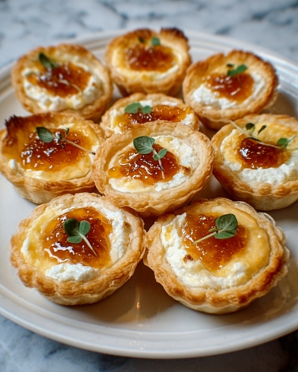 The image shows a white plate holding nine small tartlets arranged in a circular pattern. Each tartlet has a flaky, golden brown crust forming the base and sides, filled with creamy white cheese. On top of the cheese, there is a small dollop of bright orange jam or marmalade, glistening under the light. Some tartlets are garnished with tiny green herb leaves, adding a touch of color contrast. The white plate is placed on a white marbled surface, enhancing the clean and simple presentation. Photo taken with an iphone --ar 4:5 --v 7