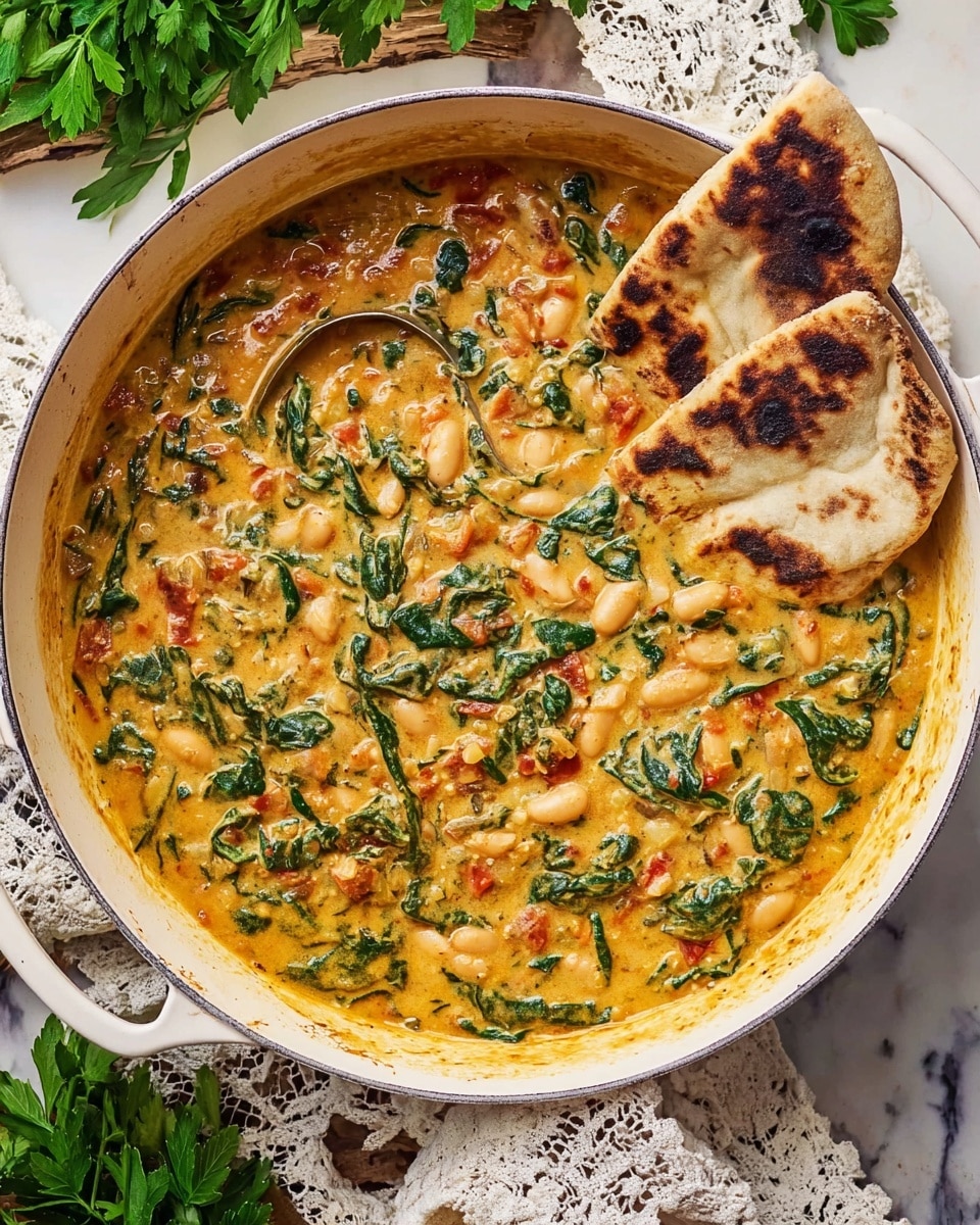 A large white pot filled with a thick stew made of creamy orange sauce mixed with white beans, small pieces of red tomato, and chopped dark green leafy vegetables evenly spread throughout. Two pieces of soft, lightly browned flatbread rest on the side, partially dipped into the stew. The pot sits on a rustic wooden surface with green herb sprigs scattered around and a white marbled texture underneath. photo taken with an iphone --ar 4:5 --v 7