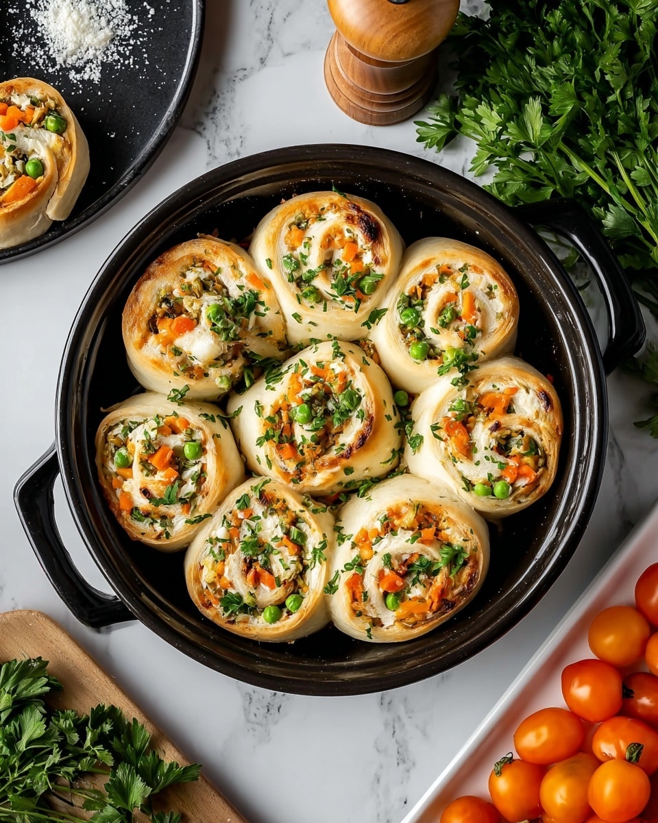The image shows a round black baking dish with nine vegetable rolls arranged in a circle, with eight around one in the center. Each roll has a flaky, light golden outer layer of dough wrapped around a filling with visible pieces of orange carrots, green peas, and bits of white cheese, all sprinkled with chopped green herbs on top. The dish is placed on a white marbled surface, with a bunch of fresh green parsley on the right and a rectangular white plate holding several bright orange cherry tomatoes in the bottom right. In the top left, part of a black plate with coarse salt and green leaves is visible, alongside a wooden pepper grinder nearby. Photo taken with an iphone --ar 4:5 --v 7
