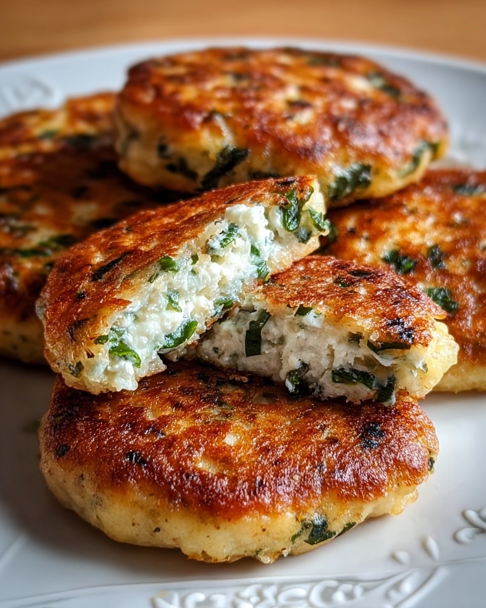The image shows several golden-brown patties stacked on a white plate with blue patterns; each patty is about one layer thick, with a crispy, browned outside texture. The patties have visible bits of green herbs evenly mixed throughout the white interior, which looks soft and moist. One patty is cut in half and placed on top of the stack, revealing the creamy, white inside dotted with green herbs. The plate is on a white marbled surface. photo taken with an iphone --ar 4:5 --v 7
