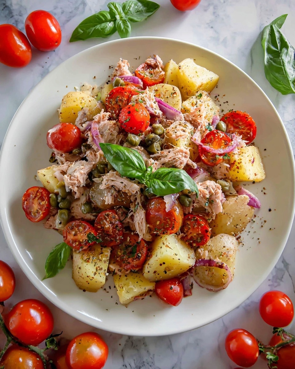 The image shows a white plate filled with a vibrant salad featuring several layers. The base layer is made up of pale yellow potato chunks, scattered and uneven in size. Mixed throughout are bright red cherry tomatoes, some whole and others cut in half, adding a juicy texture. On top of this are pieces of shredded light brown tuna, mixed with thin slices of purple onion. Small green capers are spread evenly across the salad, and fresh bright green basil leaves are placed on top for garnish. The dish is sprinkled with dark dried herbs and black pepper, adding texture and color contrast. The plate is set on a white marbled surface with fresh tomatoes around it, creating a fresh and colorful look. Photo taken with an iphone --ar 4:5 --v 7