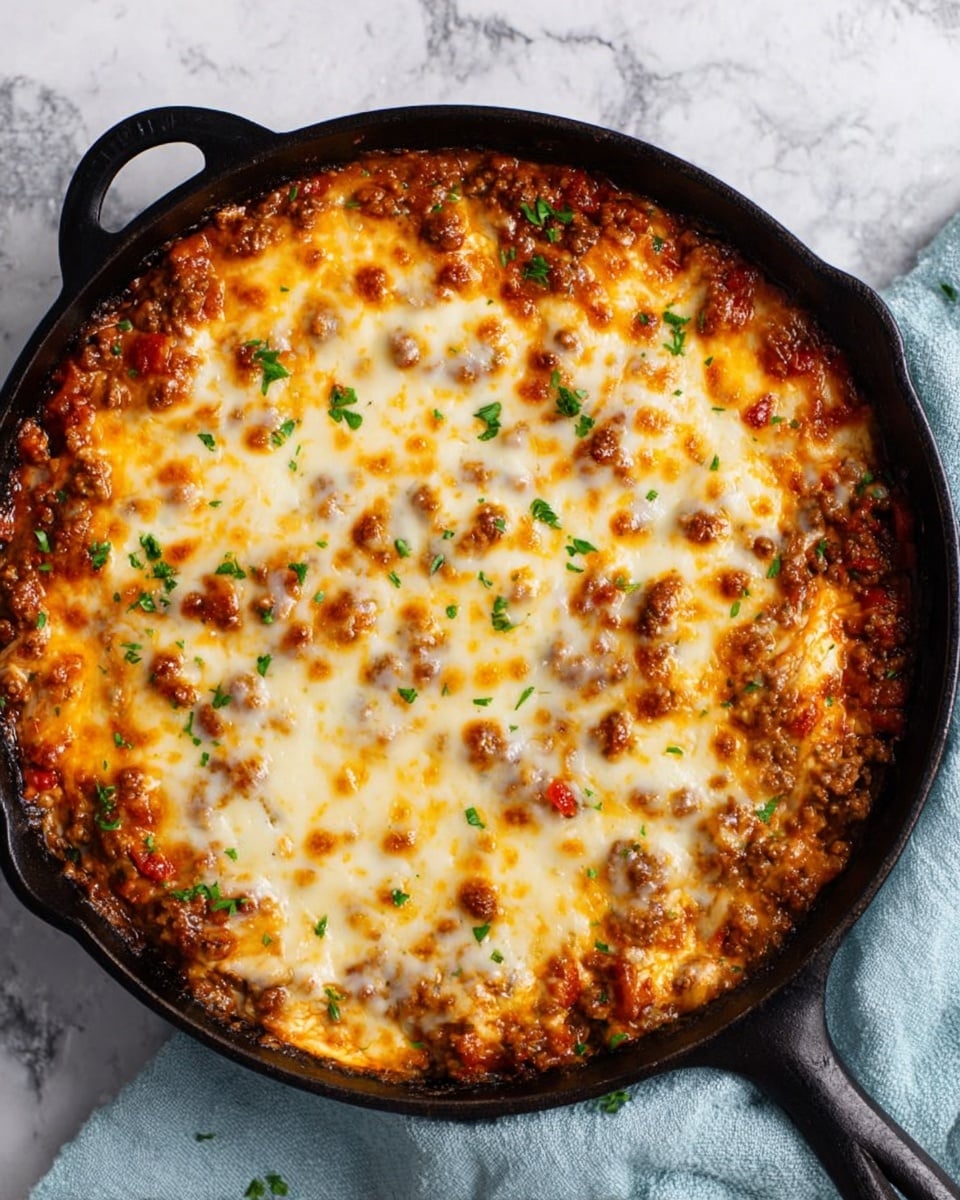 A round cast iron skillet filled with a cheesy baked dish showing two main layers: the bottom layer is a rich mix of browned ground meat and diced red peppers in a thick sauce, while the top layer is a bubbly, melted blend of white and orange cheeses with browned spots, garnished with small green herb pieces scattered across the surface. The skillet rests on a white marbled texture with a light blue cloth nearby, enhancing the warm, golden tones of the dish. photo taken with an iphone --ar 4:5 --v 7