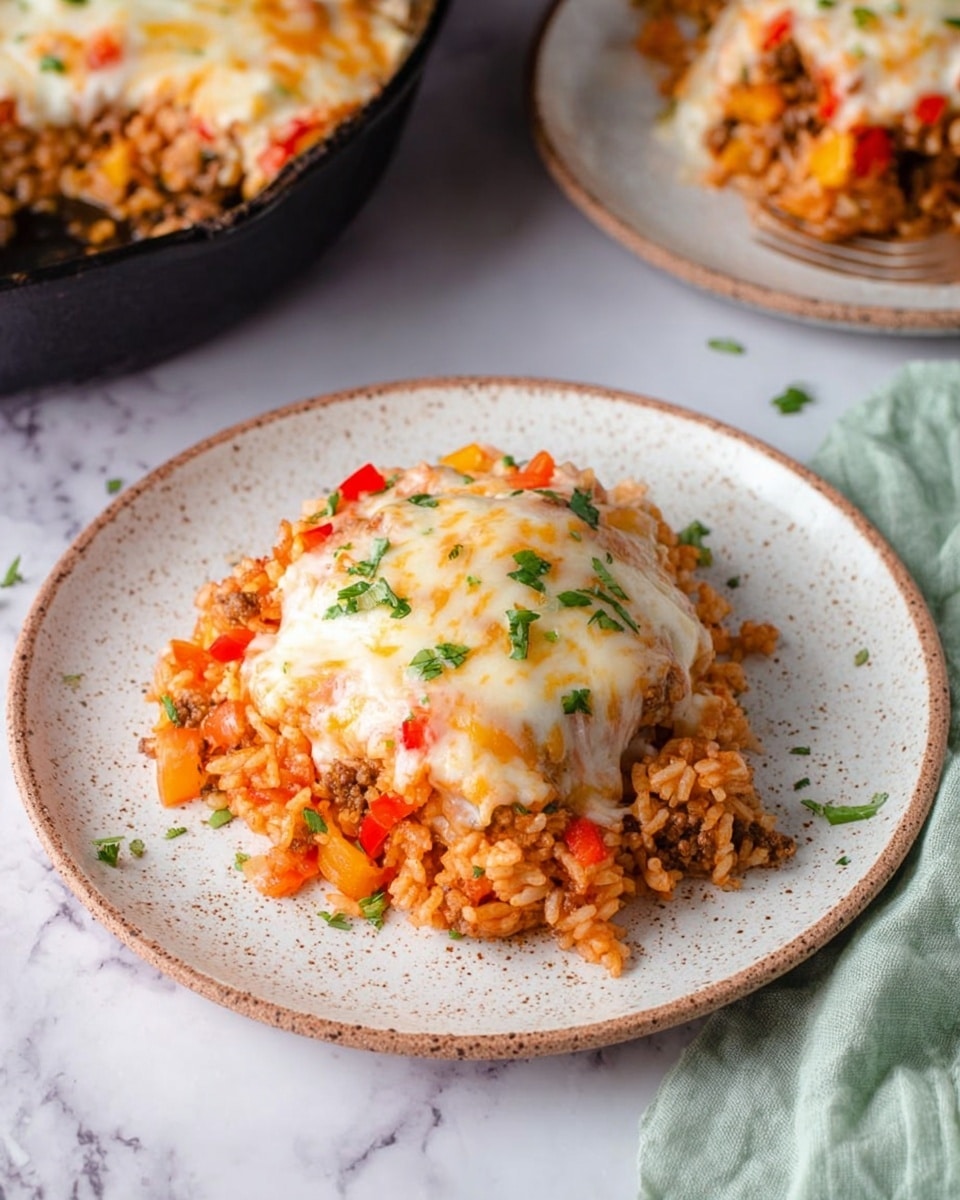 A white speckled plate holds a layered dish starting with a base of orange-colored rice mixed with finely diced red and yellow bell peppers and browned ground meat. On top of this base is a thick layer of melted cheese that is bubbly with a slight golden brown crust in places, garnished with small pieces of green herbs. In the background, a black skillet shows the same dish with melted cheese, and another white speckled plate with a similar portion is partially visible. The setting includes a white marbled surface and a small section of light green cloth on the right side. photo taken with an iphone --ar 4:5 --v 7