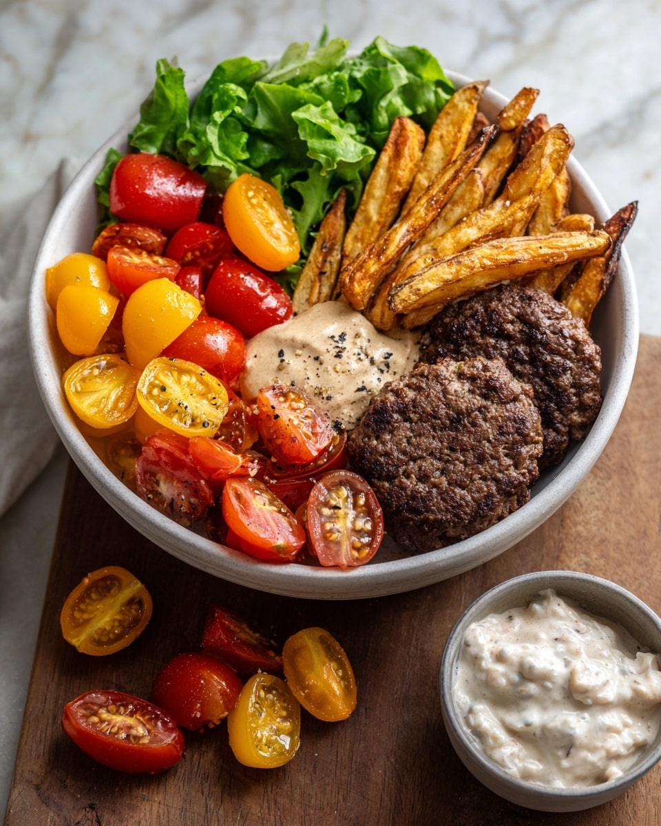 A white bowl holds a colorful layered meal with crispy, golden-brown seasoned fries stacked on one side, sprinkled with coarse salt. Below the fries are two dark brown grilled patties with a coarse texture and slight charring. Between the fries and patties is a dollop of creamy white sauce with visible black pepper flakes on top. The opposite side of the bowl is filled with fresh, leafy green lettuce topped with sliced red and yellow cherry tomatoes and larger slices of fresh red tomatoes, creating a bright and fresh contrast. The bowl is placed on a white marbled surface. Photo taken with an iphone --ar 4:5 --v 7