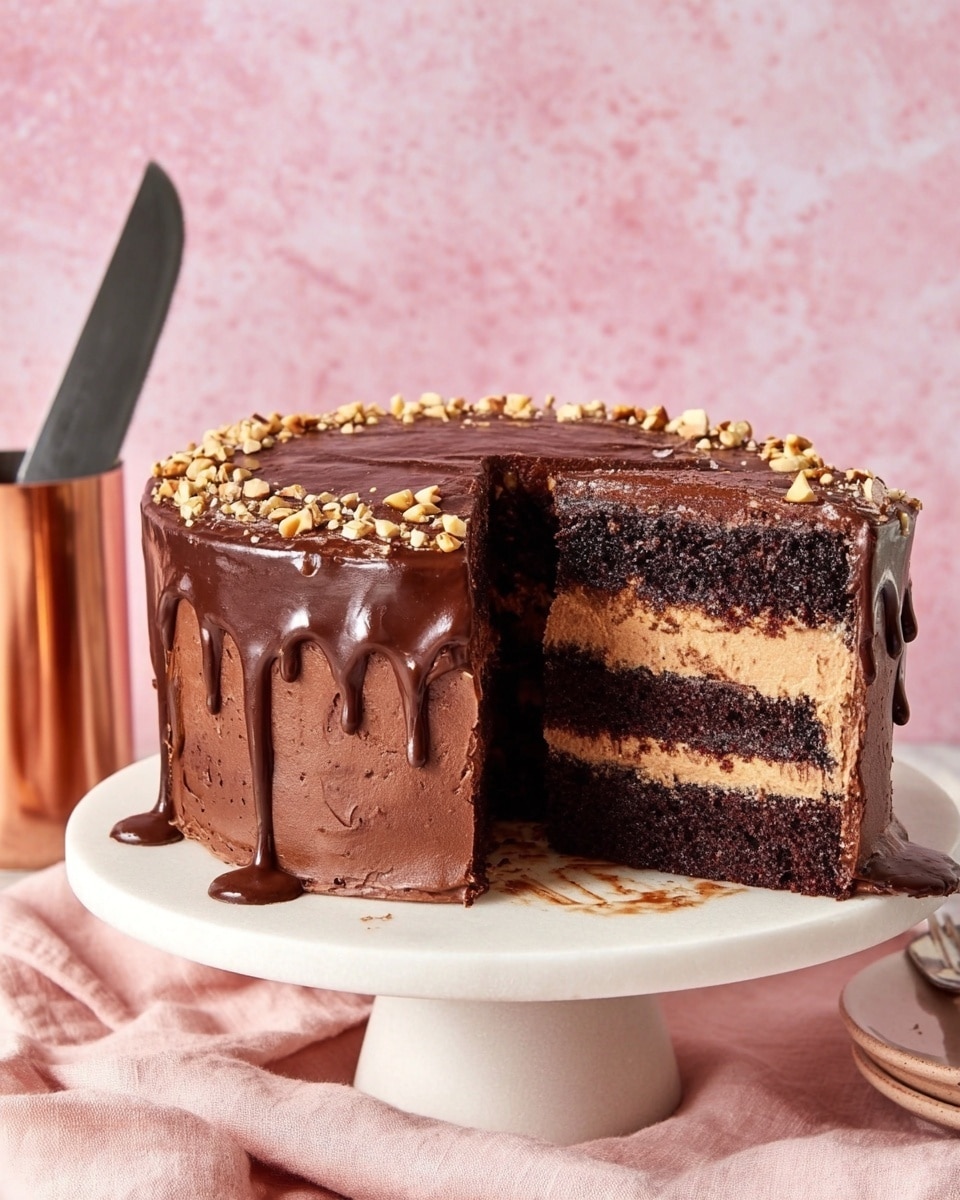 The image shows a slice of chocolate cake on a white plate with three main layers: two thick dark brown chocolate cake layers separated by a smooth, lighter brown chocolate frosting layer. The slice is covered on the sides with a shiny dark chocolate ganache, decorated on one side with golden toasted hazelnuts. A small spoon with chocolate frosting sits at the front of the plate, partially resting on the base of the cake slice. The background has a soft pink color with a white marbled tabletop beneath the plate. Photo taken with an iphone --ar 4:5 --v 7