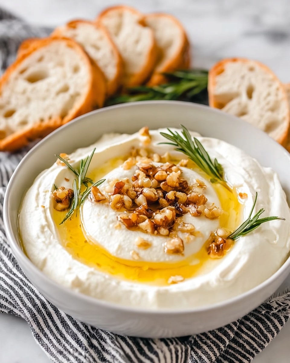 The dish is a creamy white spread with a smooth and fluffy texture, presented in a white bowl. It has a shallow swirl pattern on top, filled with a glossy golden honey-like syrup that pools in the center and radiates outward. Scattered on top are small chunks of walnut pieces adding a rough texture and warm brown color, along with a few sprigs of fresh green rosemary that provide contrast and a hint of freshness. The bowl is placed on a cloth with black and white stripes, on a surface with a white marbled texture. Behind the bowl, sliced pieces of light brown bread with a crusty edge and holey interior lay slightly out of focus. photo taken with an iphone --ar 4:5 --v 7