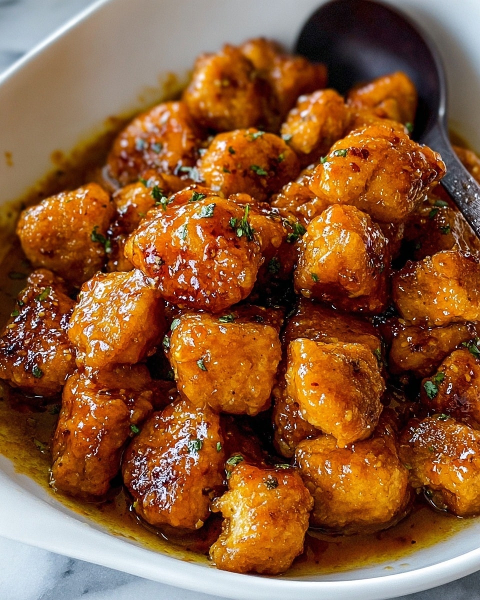 The image shows many small, golden-brown, crispy chicken bites piled closely together in a white pan. Each piece has a slightly rough texture with a shiny glaze of seasoned oil coating the surface, giving them a juicy look. Some pieces have darker, almost burnt edges that add contrast, while small green herb bits are lightly scattered across. The pan is simple and clean, holding a shallow amount of flavorful sauce pooling at the bottom. Photo taken with an iphone --ar 4:5 --v 7