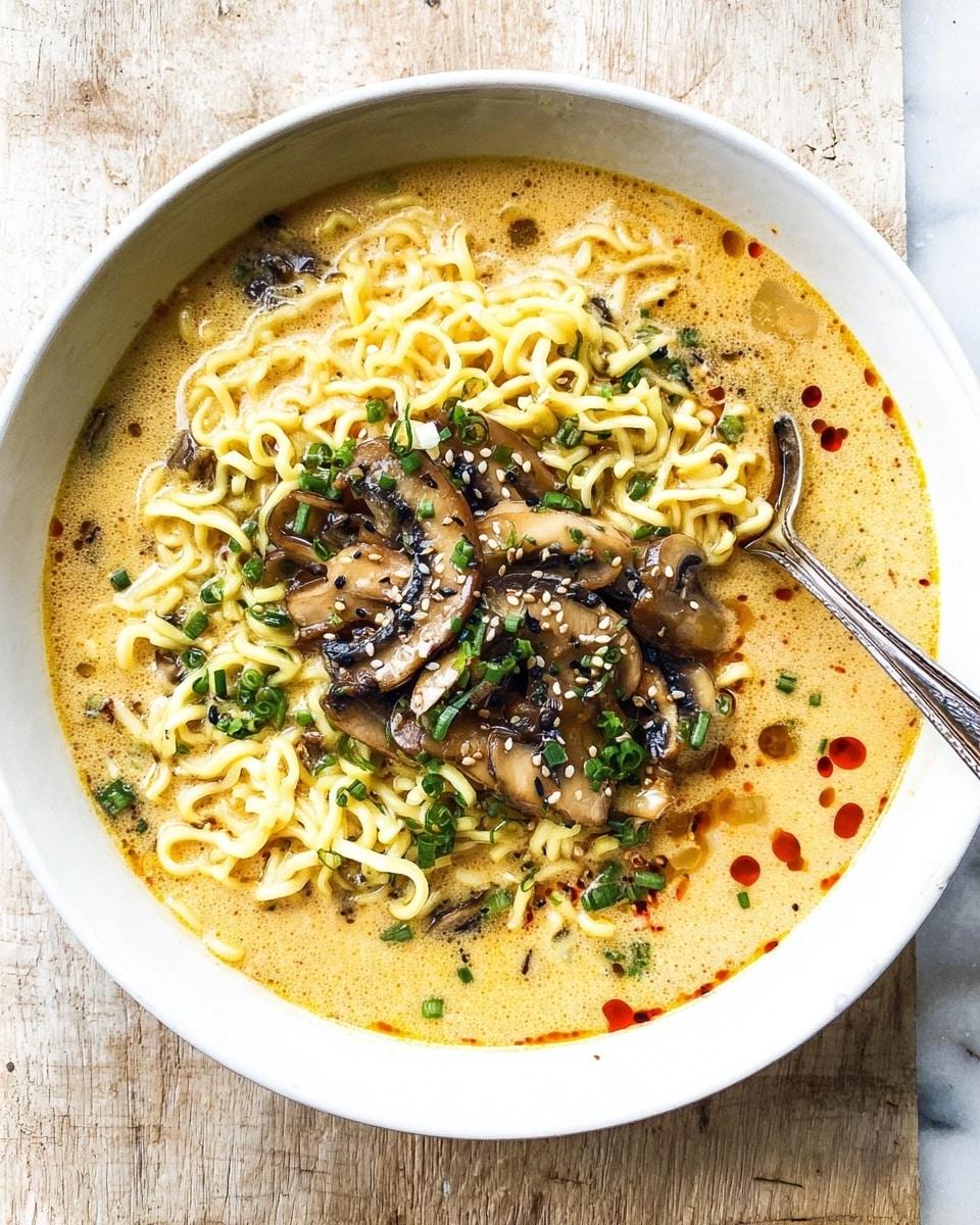 A top-down view of a white pot with red handles filled with creamy ramen noodles in a light orange broth. The noodles are soft and slightly tangled, mostly submerged in the broth with some floating near the surface. The broth is smooth with tiny specks of seasoning throughout, coating the inside walls of the pot. A wooden spoon rests inside, lifting some noodles and broth, showing the texture and thickness of the soup. The pot is placed on a white marbled surface. photo taken with an iphone --ar 4:5 --v 7