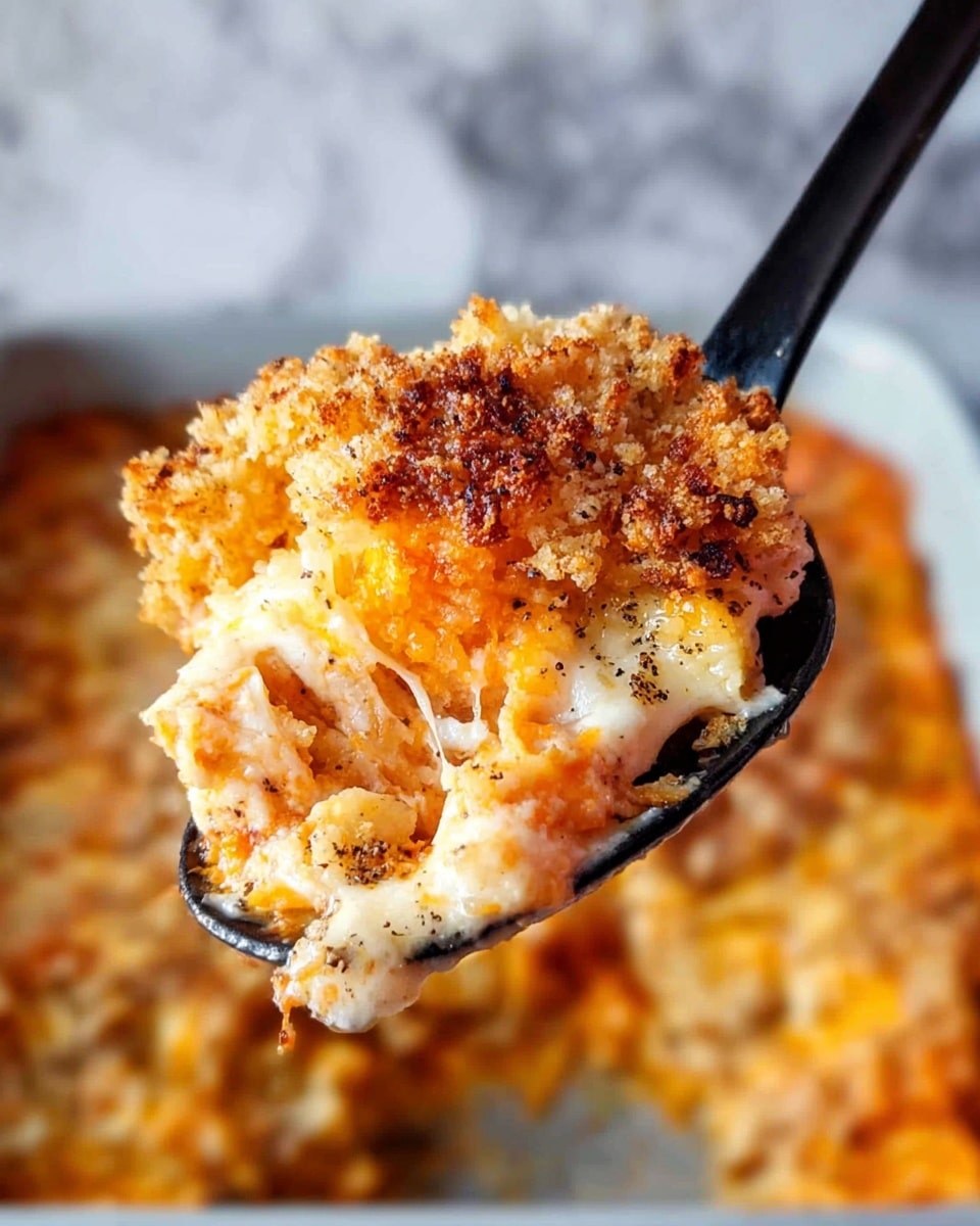 A close-up of a black spoon holding a serving of baked macaroni and cheese. The dish has multiple layers, starting with gooey melted white and orange cheese mixed with macaroni at the bottom, then topped with a golden brown crispy breadcrumb layer. The cheese is creamy and stretchy, with small black specks of seasoning visible. The background shows more of the same dish in a white marbled texture, blurred but showing the same golden breadcrumb crust and melted cheese underneath. Photo taken with an iphone --ar 4:5 --v 7