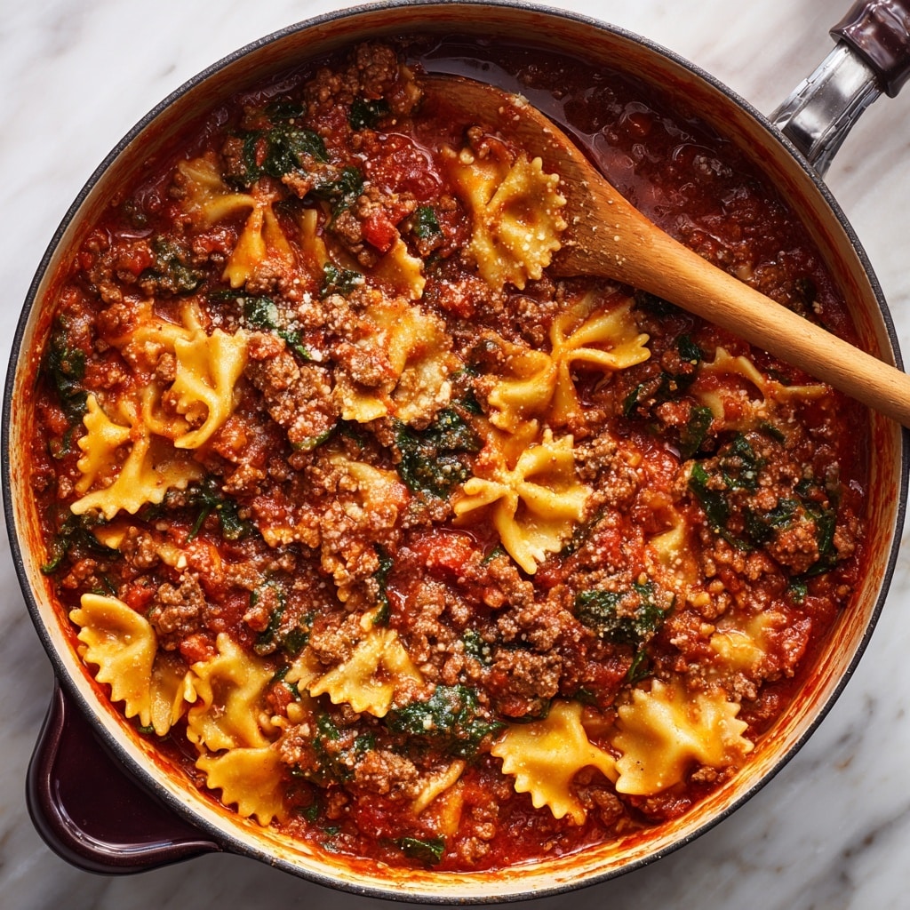 The image shows a close-up of a soup with wide, flat pasta pieces that have a soft, slightly wavy texture, floating in a rich, orange-red broth. Ground meat chunks are scattered evenly throughout, browned and crumbly, contrasting with diced red tomatoes that add a hint of brightness. Small bits of herbs, mostly green parsley, are sprinkled on top, creating a fresh look. The broth appears thick with visible spices and a lightly oily surface. The white round bowl holding the soup contrasts softly with the white marbled surface underneath. photo taken with an iphone --ar 4:5 --v 7
