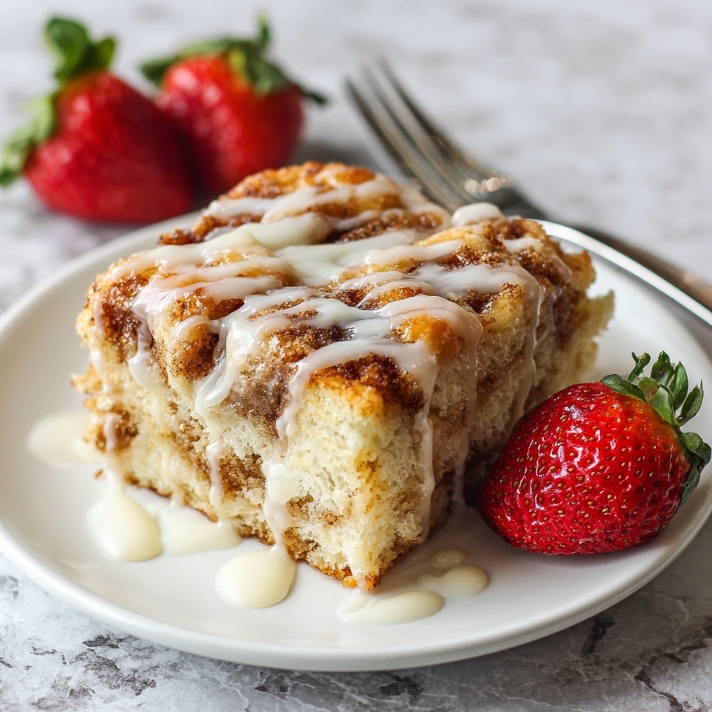 A white baking dish filled with many pieces of golden brown cinnamon rolls that are irregularly cut and layered closely together, with a visible dark cinnamon swirl running through the dough, drizzled generously with thick white icing on top, creating a contrast of creamy and textured surfaces. The baking dish sits on a cloth with a red floral pattern on a white marbled texture, with a rolling pin and a red and blue cinnamon roll can in the blurred background. photo taken with an iphone --ar 4:5 --v 7