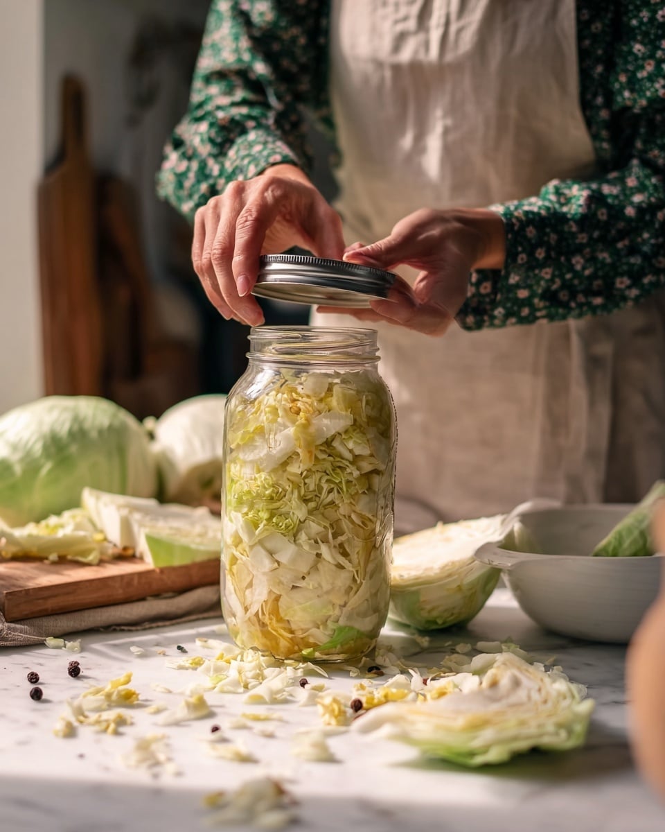 A clear glass jar filled with several layers of light yellow and pale beige shredded garlic soaked in oil, with some small black pepper pieces visible inside. A woman's hand holding a black fork lifts a portion of the garlic mixture above the jar, showing its soft and oily texture. Around the jar on a white marbled surface are scattered garlic cloves and black peppercorns. In the background, there is a stack of white plates with roasted garlic heads placed on top and a blurred white tiled wall. The overall scene is bright and clean, emphasizing the jar of pickled garlic. photo taken with an iphone --ar 4:5 --v 7