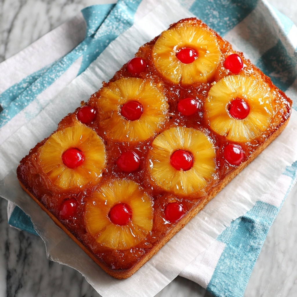 A single slice of pineapple upside-down cake is shown on a white plate with a white marbled texture background. The cake has two main layers: the bottom layer is light yellow with a soft, crumbly texture, while the top layer is a glossy, golden-brown ring of cooked pineapple. In the center of the pineapple ring, there is a shiny red cherry. The edges of the pineapple ring look slightly caramelized, and the cherry has a smooth surface. Photo taken with an iphone --ar 4:5 --v 7