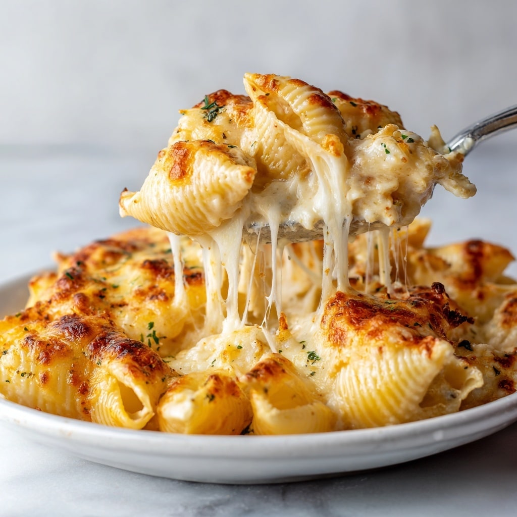 The image shows a close-up of creamy baked pasta on a white plate with a white marbled surface underneath. The pasta has ridged, shell-like shapes, covered in a thick layer of melted cheese that is golden brown with some crispy edges on top. The cheese is stretchy and gooey as a spoon lifts a portion, revealing layers of creamy texture and bits of herbs sprinkled on the surface for color. The overall look is warm and inviting, with a rich, cheesy topping and soft pasta beneath, photo taken with an iphone --ar 4:5 --v 7