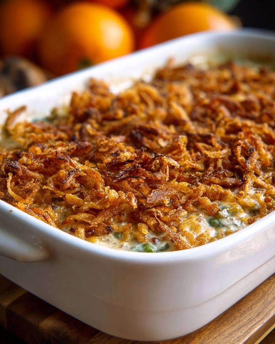 A close-up view of a white rectangular ceramic baking dish filled with a casserole that has two visible layers; the bottom layer is a creamy mixture with hints of green, indicating cooked vegetables or greens mixed in, while the top layer is a thick, golden-brown crunchy topping made of fried onion strings, some browned and crispy, covering the casserole evenly. The edges of the dish show some bubbling and browned residue from baking. The dish is placed on a wooden surface, with a metal spoon nearby, and the background features a white marbled texture with small orange pumpkins slightly blurred. Photo taken with an iphone --ar 4:5 --v 7