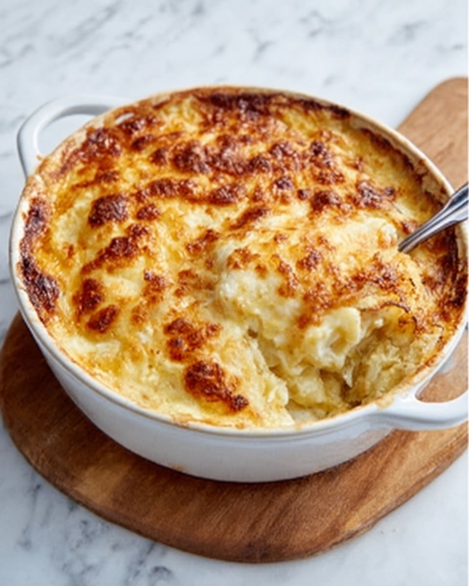 The image shows a close-up of a creamy, golden-brown baked dish with visible layers of melted cheese and a smooth, rich texture. A spoon is lifting a scoop from a white baking dish, showing a thick, bubbly mix with small pieces of orange and creamy white ingredients inside. The surface of the dish has browned spots giving a crispy look on top, while the inside appears soft and gooey, with a slightly stringy texture from melted cheese. The background has a clean white marbled texture. Photo taken with an iphone --ar 4:5 --v 7