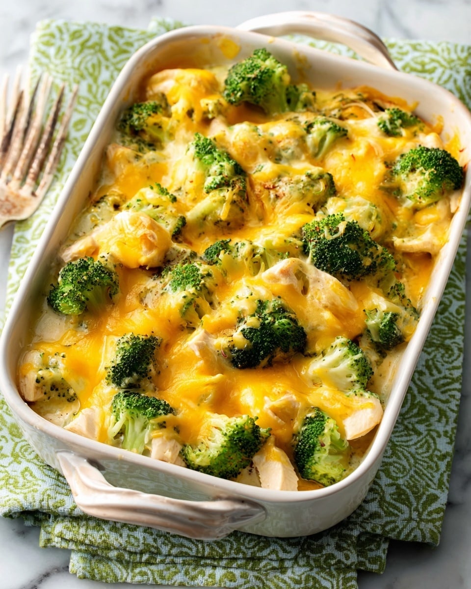 A white rectangular baking dish filled with a cheesy casserole showing three main layers: the bottom layer has soft pieces of broccoli with green florets, the middle layer contains chunks of tender white chicken, and the top layer is covered with melted bright yellow cheese that looks gooey and slightly browned. The baking dish is placed on a folded yellow and white patterned cloth, all set on a white marbled surface. The photo taken with an iphone --ar 4:5 --v 7