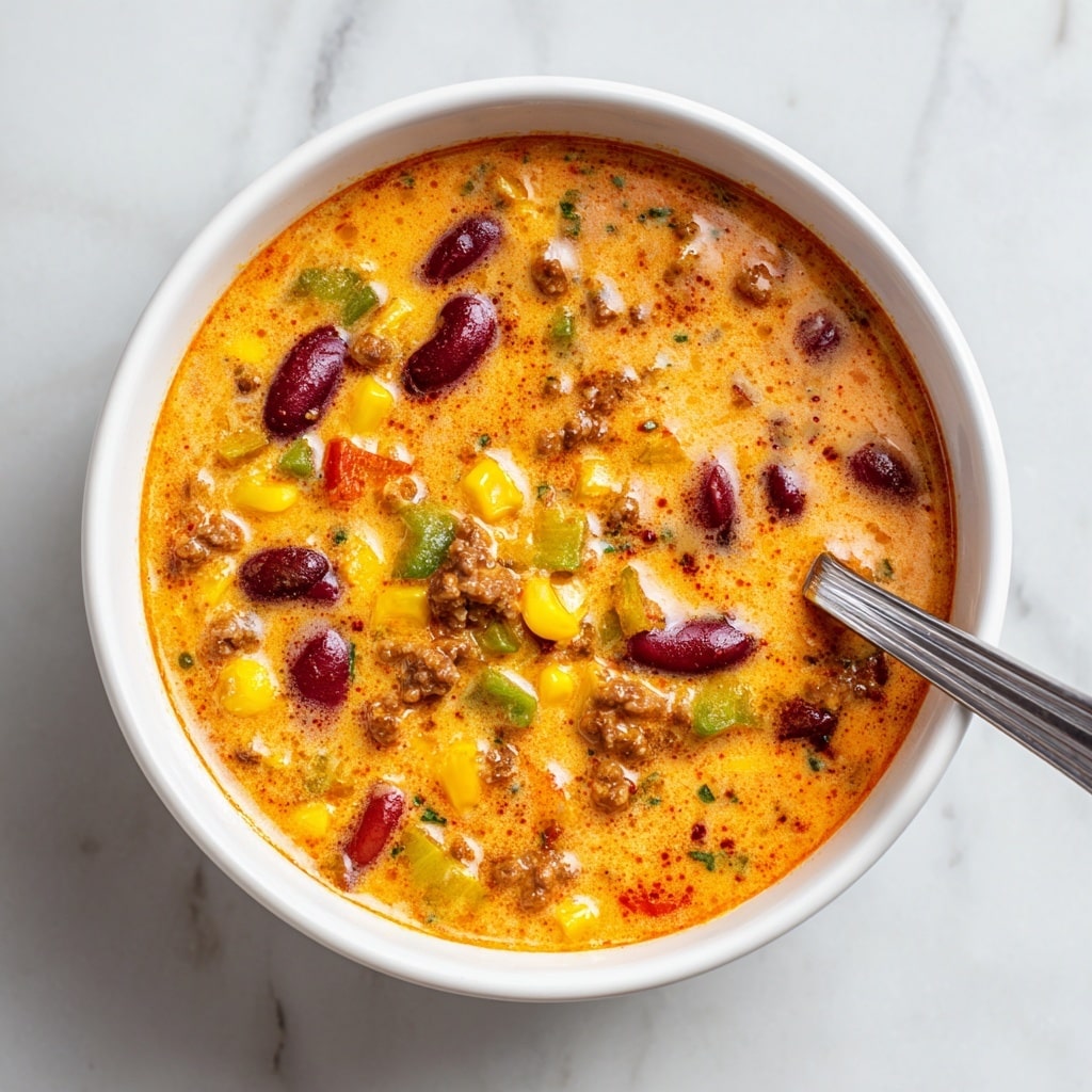 A white bowl filled with a thick, creamy orange soup containing visible layers of ingredients including red kidney beans, small pieces of green peppers, yellow corn, and chunks of cooked ground meat, all mixed in a smooth base with a slightly oily surface. A silver spoon is partially dipped into the soup on the right side of the bowl. The bowl sits on a white marbled surface. photo taken with an iphone --ar 4:5 --v 7