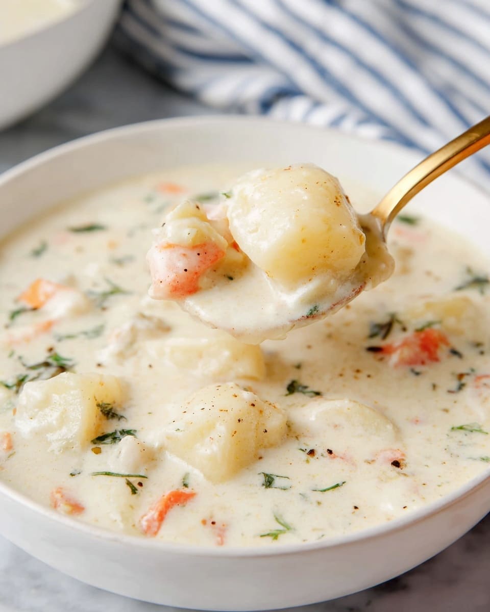 A close-up view of a thick, creamy white chowder served in a white bowl on a white marbled surface. The chowder has visible chunks of soft potatoes, small pieces of orange carrot, bits of green herbs, and white cream base with a few specks of black pepper. A gold spoon is lifted above the bowl holding two potato pieces coated in the creamy soup, showing the smooth texture of the chowder. The background includes blurred white and blue striped fabric. Photo taken with an iphone --ar 4:5 --v 7
