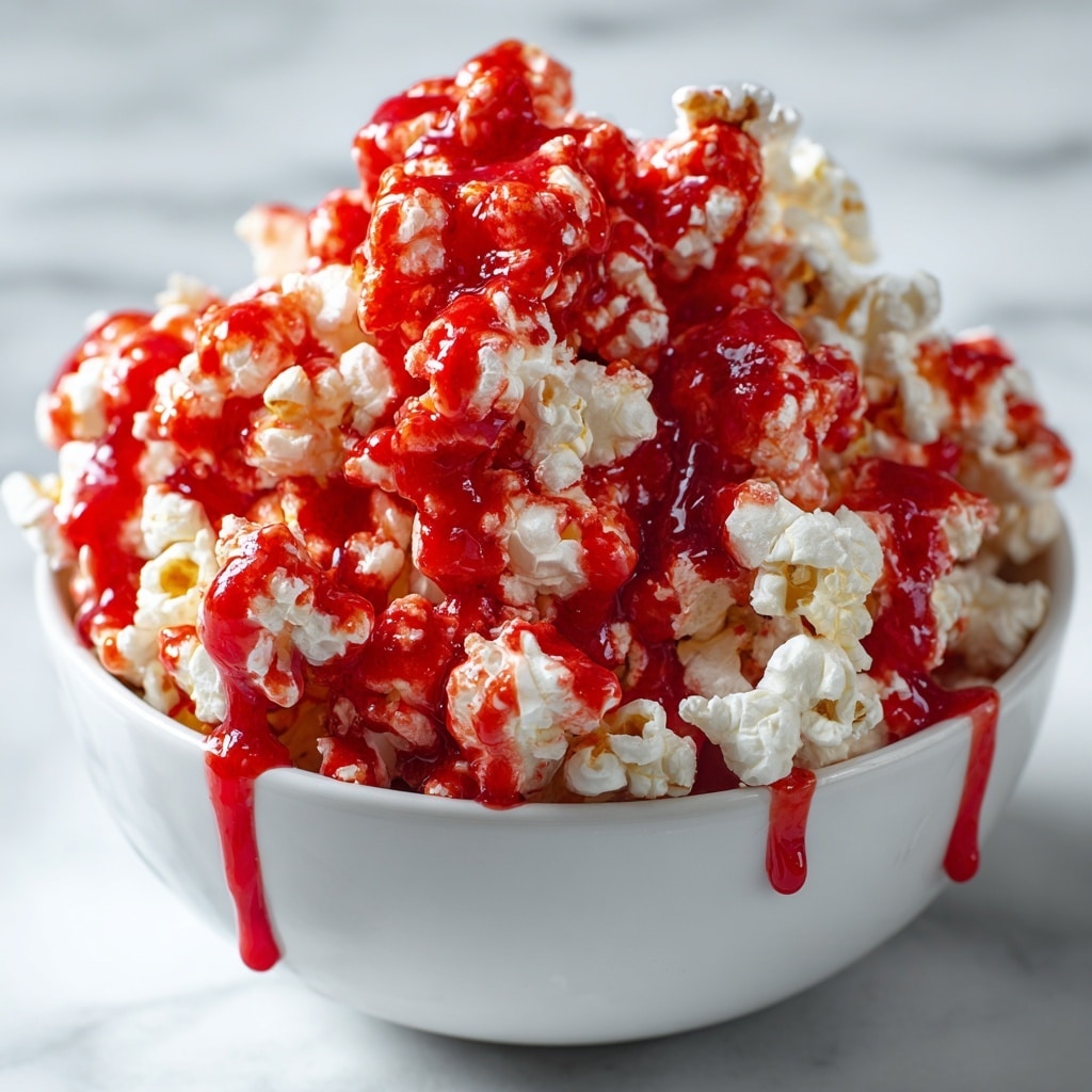 A round white bowl filled with popcorn covered in a thick, glossy red sauce that drips down the fluffy white popcorn pieces, creating a bright and shiny look. The popcorn forms a dense mound with uneven texture, some pieces fully coated in the red sauce and others partially covered, allowing the white popcorn to show through. The bowl sits on a white marbled surface with scattered splashes of the same red sauce around it, adding to the visual interest. The background is softly blurred with flashes of red and dark shapes, keeping the focus on the bowl of vibrant popcorn. photo taken with an iphone --ar 4:5 --v 7