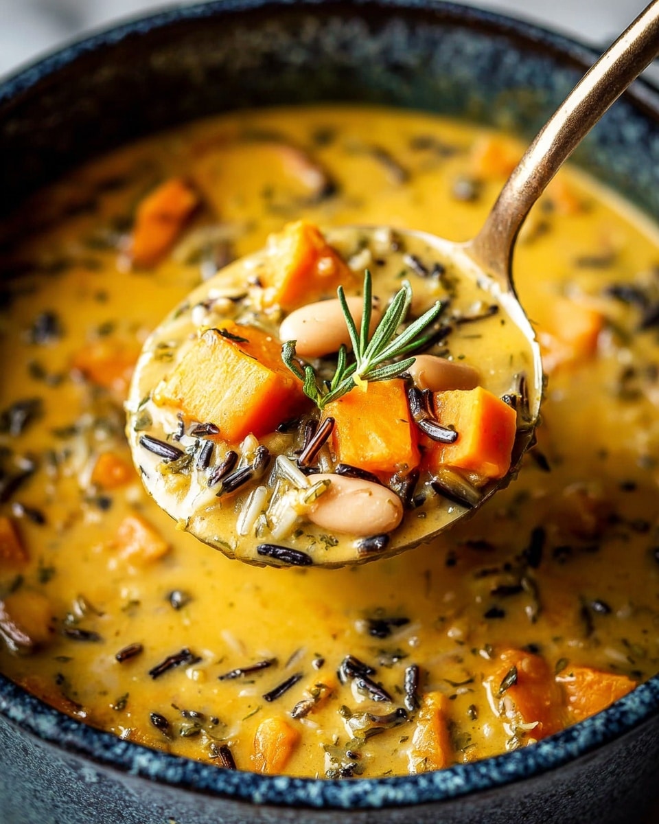 A close-up of a thick yellow soup with chunks of bright orange sweet potato and white beans mixed with dark wild rice, all held in a spoon above the pot. The soup has a creamy texture with visible herbs, and a small green sprig sits on top of the spoonful. The pot is a deep ceramic with a blue speckled surface, set against a white marbled texture background. photo taken with an iphone --ar 4:5 --v 7