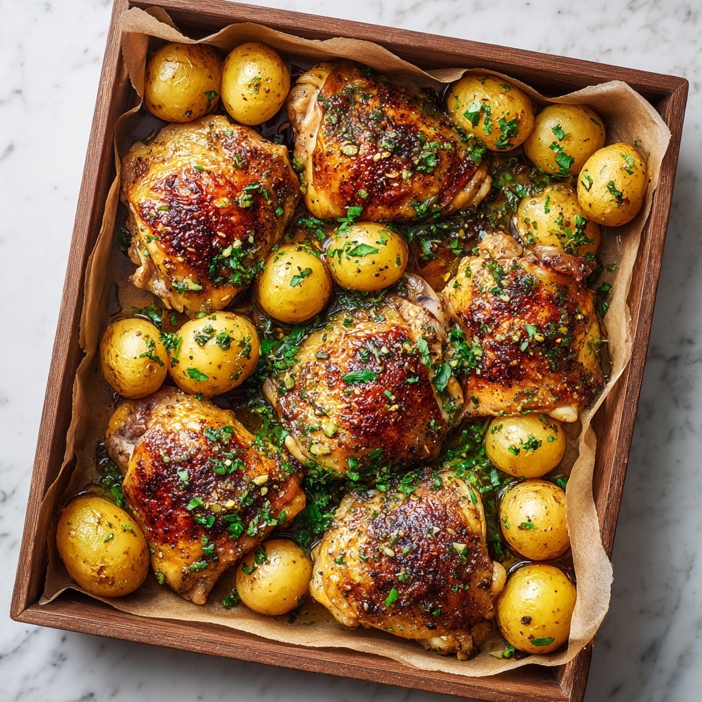 The image shows a wooden tray lined with brown parchment paper filled with golden-brown roasted chicken thighs, each piece covered in a crispy, slightly charred skin with visible herbs and spices. Surrounding the chicken are many small, round, yellow roasted potatoes, sprinkled with green chopped herbs, creating a fresh contrast. The colors vary from deep brown on the chicken skin, bright yellow on the potatoes, and green from the herbs. The scene suggests warmth and rustic home-cooked style, all set on a white marbled surface. photo taken with an iphone --ar 4:5 --v 7