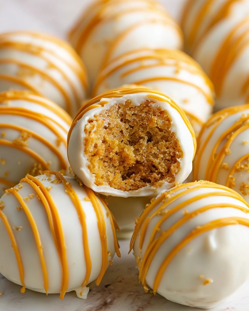 The image shows a close-up of round white truffles placed on crumpled parchment paper inside a white scalloped plate. Each truffle has thick, smooth white coating as the base layer and is decorated with thin, wavy orange lines drizzled irregularly over the top, creating a striped pattern on the shiny surface. The truffles are arranged in a loose cluster, filling the plate evenly, and two cinnamon sticks lie next to the truffles in the front left corner of the plate. The background is a white marbled texture. photo taken with an iphone --ar 4:5 --v 7