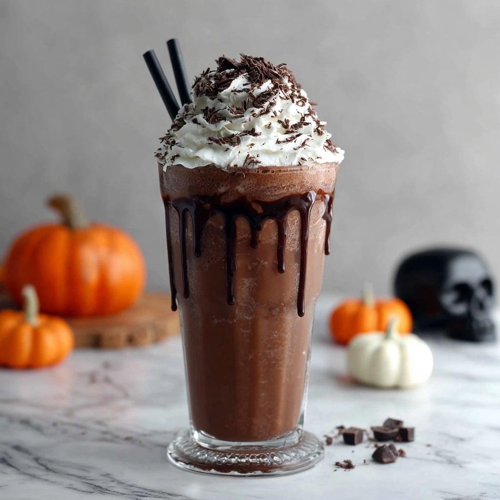 A tall glass dessert with three main layers sits on a white marbled surface. The bottom layer is rich dark chocolate liquid filling most of the glass's height. Above it is a layer of thick whipped cream, topped with a large swirl of white whipped cream that forms a peak. This whipped cream peak is covered with small dark chocolate shavings and drizzled with dark chocolate sauce that drips down the sides of the glass. Two black straws poke out from the whipped cream on the right side. The background is softly blurred with small white and orange pumpkins and a lit candle. photo taken with an iphone --ar 4:5 --v 7