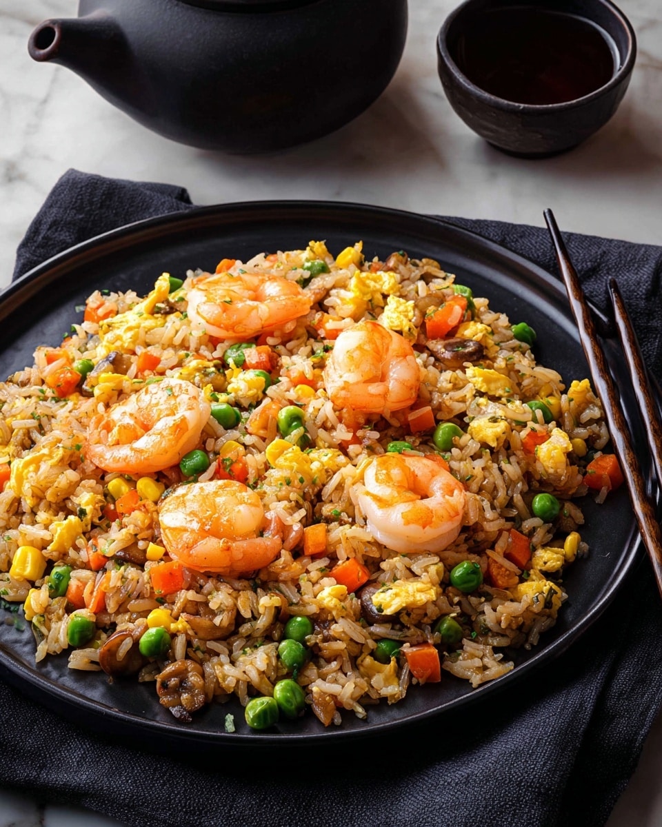 A black wok filled with colorful shrimp fried rice sits on a white marbled surface. The dish has five main visible layers: at the base, fluffy light brown cooked rice mixed evenly with small bright orange carrot cubes, vivid green peas, and vibrant yellow corn kernels. Scattered throughout are bits of scrambled egg in pale yellow and small diced onions with a slightly browned texture. On top, five grilled shrimp with a warm orange color and charred grill marks are arranged, some curled with tails visible. A wooden spatula rests inside the wok, partly visible on the left side. Photo taken with an iphone --ar 4:5 --v 7
