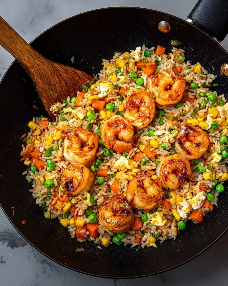 A close-up view of a black plate filled with three large, cooked shrimp placed on top of fried rice mixed with peas, orange carrot cubes, yellow corn, small bits of scrambled egg, and brown mushrooms, all evenly spread throughout the rice. The rice grains are light brown with a slightly shiny texture. The plate is set on a dark cloth napkin over a white marbled surface. In the background, there is a dark teapot with a small cup of tea and a pair of dark chopsticks placed near the plate. photo taken with an iphone --ar 4:5 --v 7