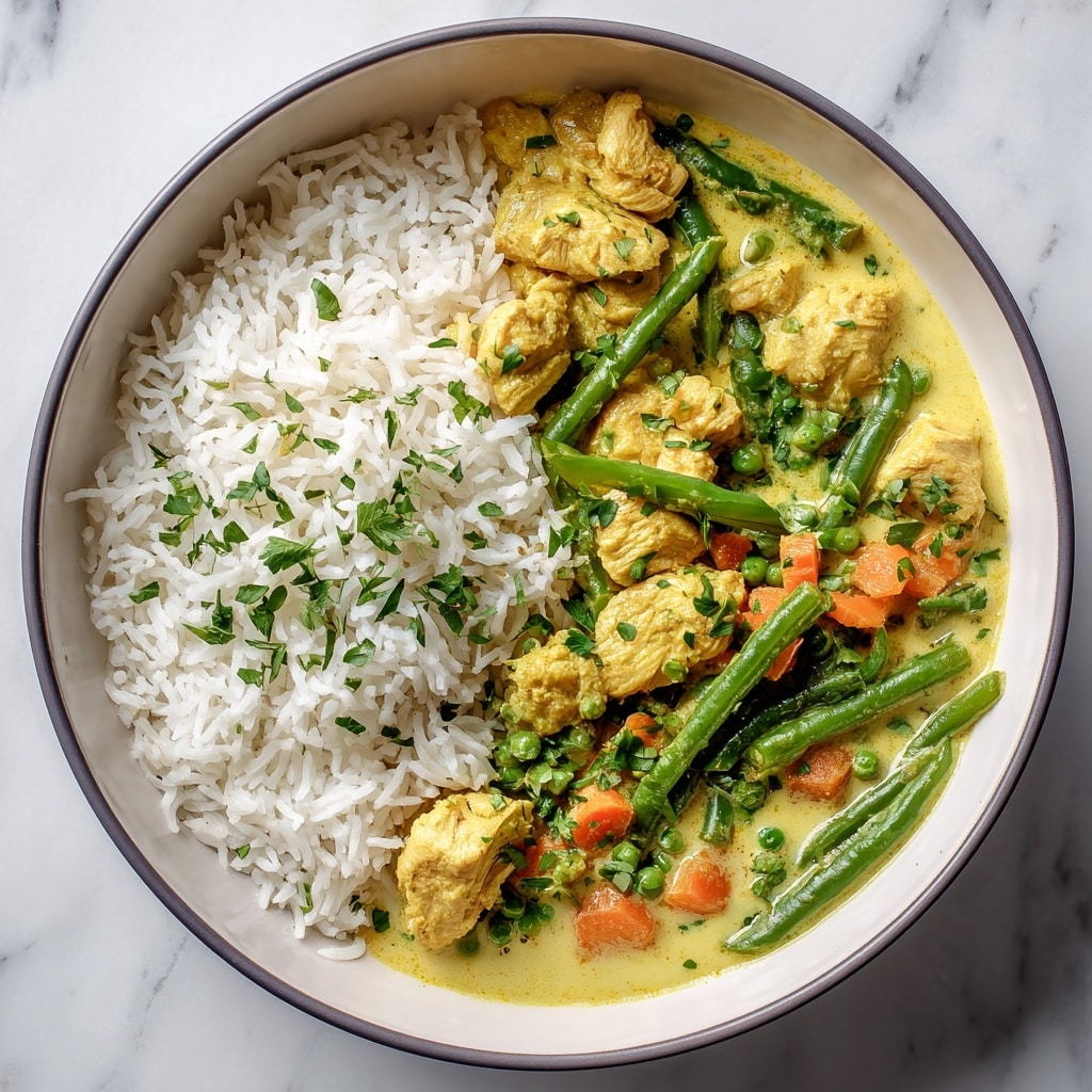 A white bowl with a gray rim is filled with three distinct layers: on the left, a layer of plain white rice with a soft and fluffy texture; on the right, a creamy, pale yellow chicken curry with several lightly browned, tender pieces of chicken, chopped green beans, peas, and small bits of carrot mixed in; the curry is garnished with fresh chopped green herbs lightly scattered on top. The bowl is set on a white marbled surface. Photo taken with an iphone --ar 4:5 --v 7