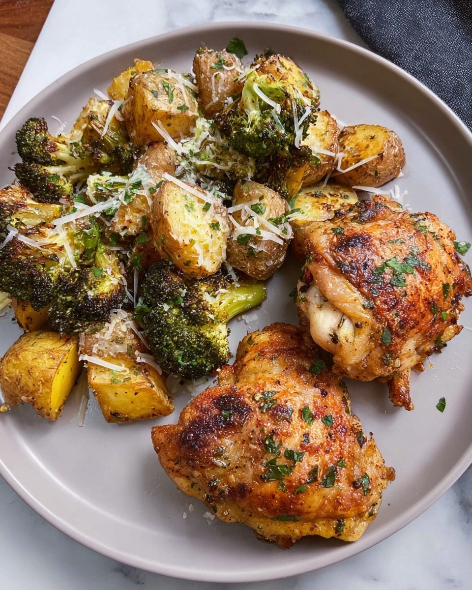 On a round white plate placed on a white marbled texture surface, there are two pieces of golden-brown grilled chicken thighs on the lower right side, with crispy edges and light seasoning sprinkled on top. On the upper left side of the plate, there is a mix of roasted potato chunks and broccoli florets. The potatoes are golden with some darker toasted spots, and the broccoli has a slightly charred texture with green and brown tones. Shredded cheese and garnished chopped green herbs are scattered over the chicken and vegetables, adding a fresh touch to the dish. Photo taken with an iphone --ar 4:5 --v 7