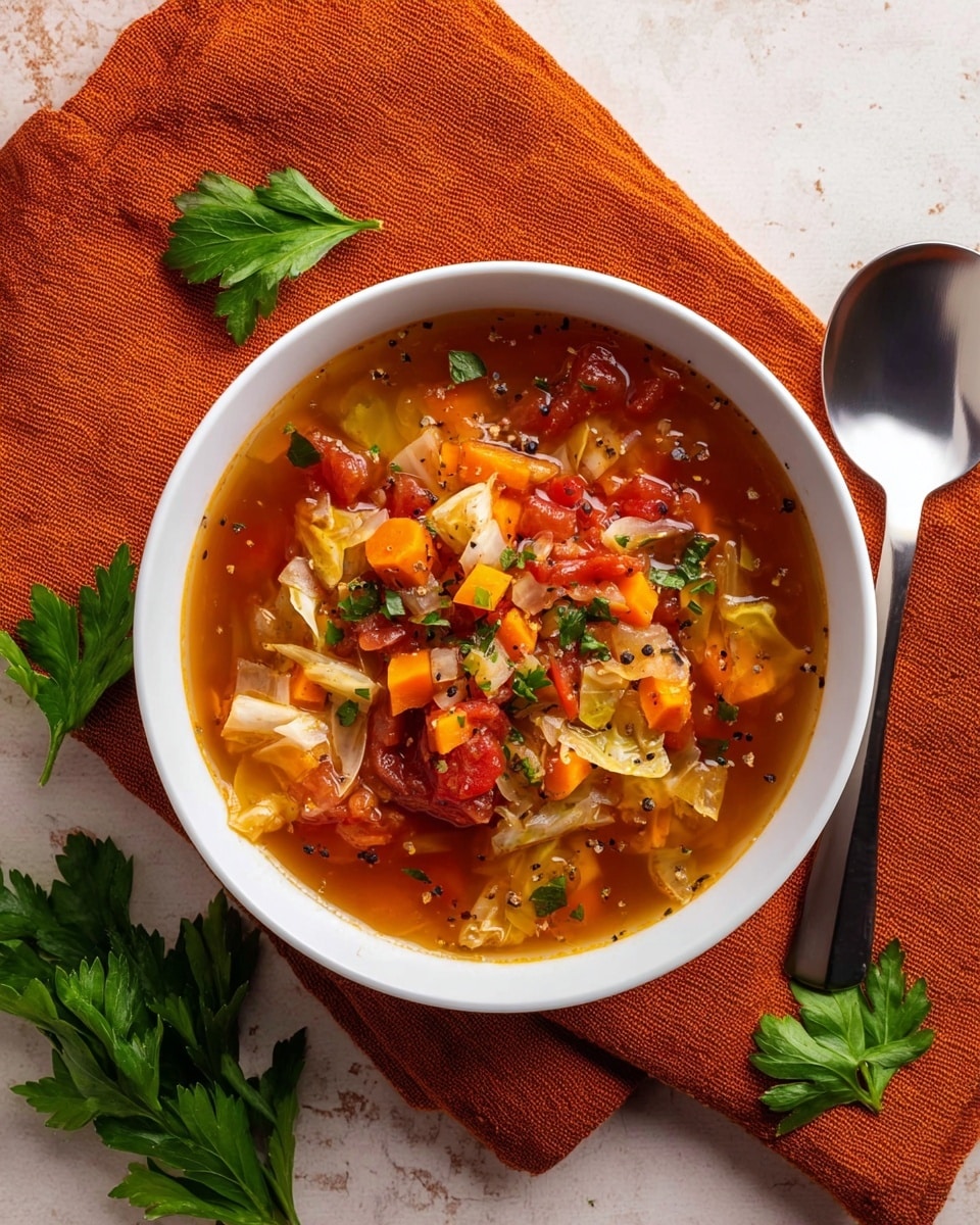 A white bowl filled with chunky vegetable soup showing three main layers: a clear reddish broth base, a middle layer with diced orange carrots and light green celery, and a top layer of pale yellow cabbage pieces mixed with red tomato chunks, all sprinkled with small green parsley leaves and black pepper. The bowl sits on a crumpled orange textured cloth on a white marbled surface. Near the bowl, some fresh parsley leaves are placed, and a shiny silver spoon rests on the orange cloth to the right side. Photo taken with an iphone --ar 4:5 --v 7
