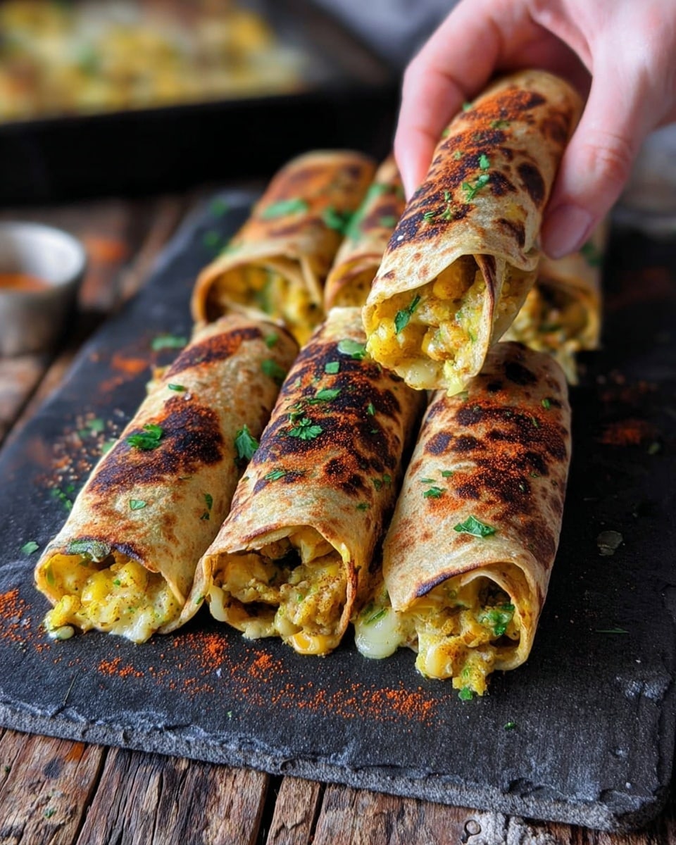 A slate serving board holds six browned rolled tortillas filled with a yellow potato and corn mixture with green herbs, some cheese visible melting inside. The tortillas are toasted with a few dark char marks and a sprinkling of red powder on top. A woman's hand is picking up the middle tortilla from the front. The board sits on a rough wooden surface, with a baking pan blurred in the background. photo taken with an iphone --ar 4:5 --v 7