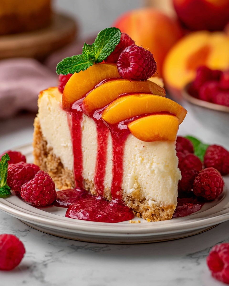 A round cheesecake with three visible layers sits on a white plate on a white marbled surface. The bottom layer is a thick, crumbly brown crust. Above that is a thick, smooth, creamy light beige cheesecake layer. The top layer is made of glossy, bright orange and red peach slices arranged in a circular pattern, topped with fresh red raspberries and small green mint leaves in the center. Some raspberries and crumbs are scattered on the plate and nearby. The background shows a blurred peach, jars, a yellow cloth, and green mint leaves. photo taken with an iphone --ar 4:5 --v 7