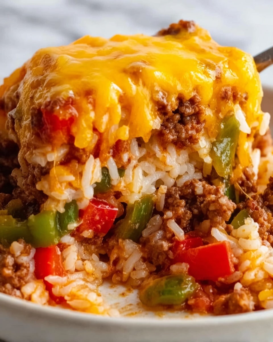 The image shows a close-up of a layered dish with visible layers of cooked rice at the bottom, topped with a mix of ground meat, diced green bell peppers, and red pieces, all covered in melted golden-yellow cheese. The textures include the soft, fluffy rice, the slightly chunky meat and vegetable mix, and the smooth, melted cheese on top, with some parts of the cheese stretching as a scoop is lifted. The dish sits on a white plate, and the background is a white marbled texture. photo taken with an iphone --ar 4:5 --v 7