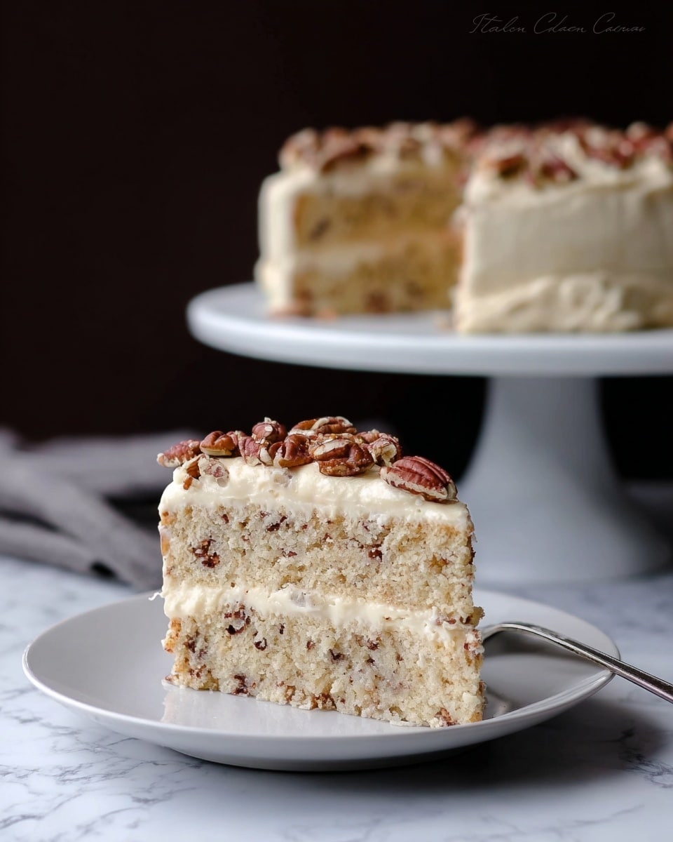 A round cake with smooth white frosting covers its sides and top, topped with chopped brown nuts scattered evenly on the surface, placed on a white cake stand. Around the base of the stand are a few whole and broken pecans, along with delicate white flowers with pale yellow centers lying beside them. The background is simple and dark, with the cake stand sitting on a white marbled surface. photo taken with an iphone --ar 4:5 --v 7