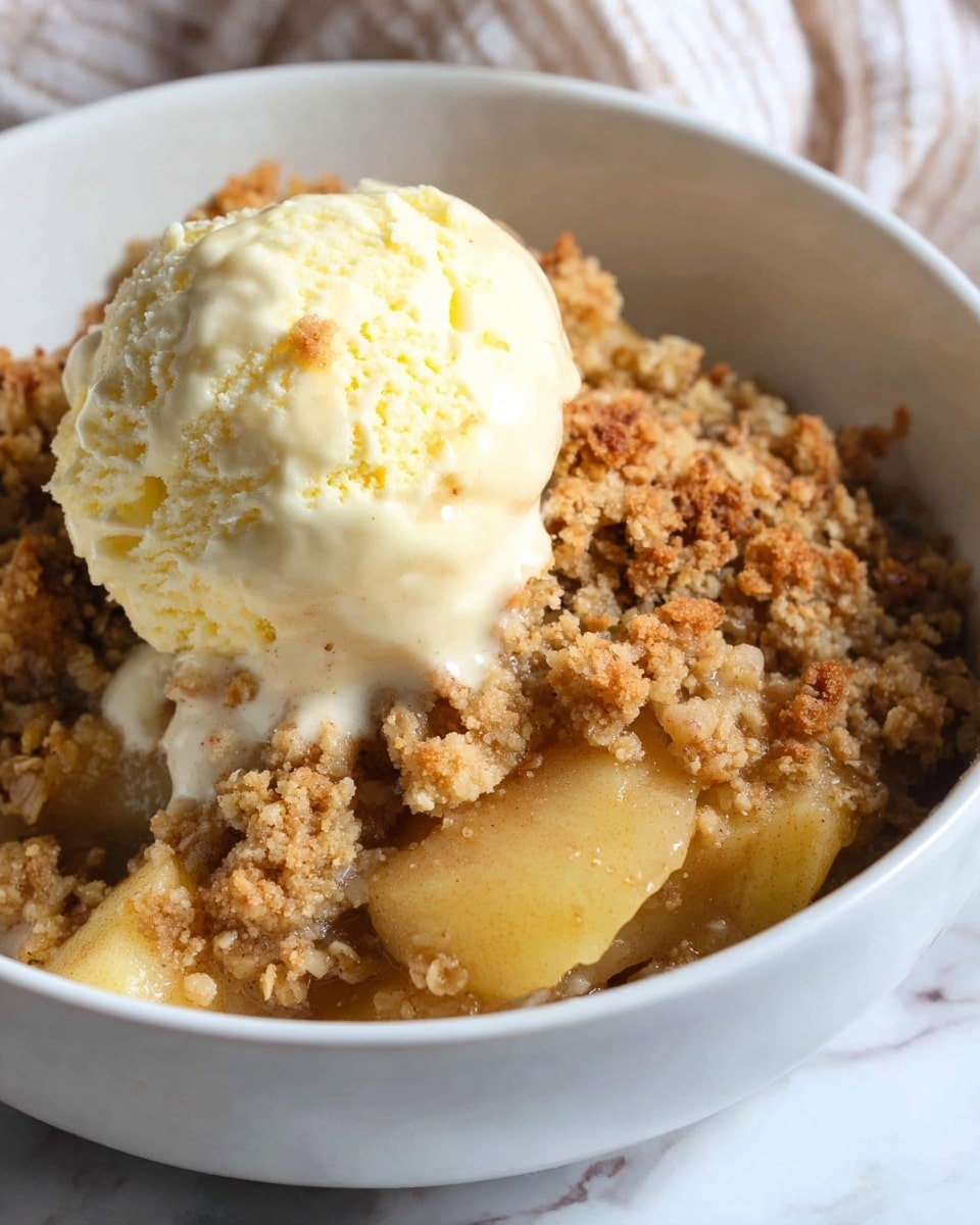 The image shows a close-up of a white bowl filled with apple crumble. The base layer has soft, cooked apple slices that are light yellow with hints of caramelized brown edges. On top of the apples is a thick layer of crumbly, golden brown oat and sugar topping with a rough texture. A scoop of smooth, creamy pale yellow vanilla ice cream sits on top, slightly melting over the crumble. The bowl is on a white marbled surface with a cloth napkin partly visible in the background. Photo taken with an iphone --ar 4:5 --v 7