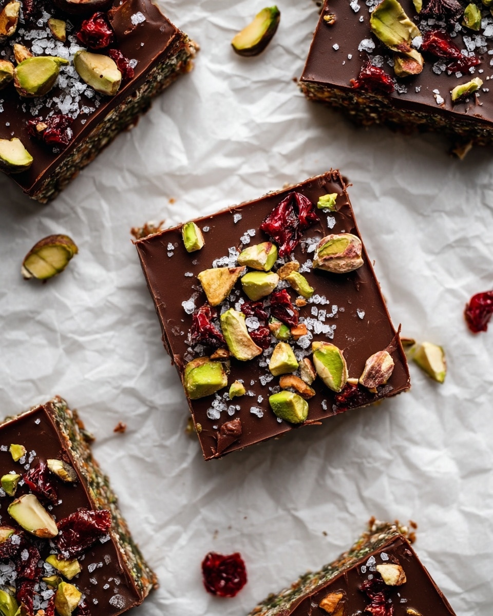 This image shows a close-up of a chocolate square dessert with two main layers: the bottom layer is a textured dark brown base made from nuts and other ingredients, and the top layer is smooth, glossy dark chocolate. On top of the chocolate layer, there are scattered bright green pistachio pieces, deep red dried cranberries, and small light brown nut chunks all sprinkled with coarse flakes of white salt. The squares rest on crumpled white parchment paper that lies on a white marbled surface. Photo taken with an iphone --ar 4:5 --v 7